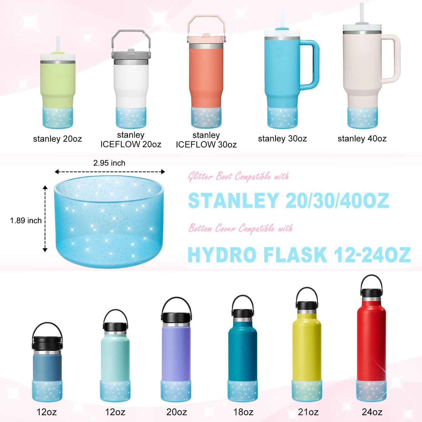Silicone Boots for Stanley Cup 20-40 OZ, Glitter Boot for Stanley IceFlow 20 30 OZ, Bottom Protector Sleeve for Hydroflask 12-24 OZ Sports Water Bottle Boot Accessories (Clear Ocean)