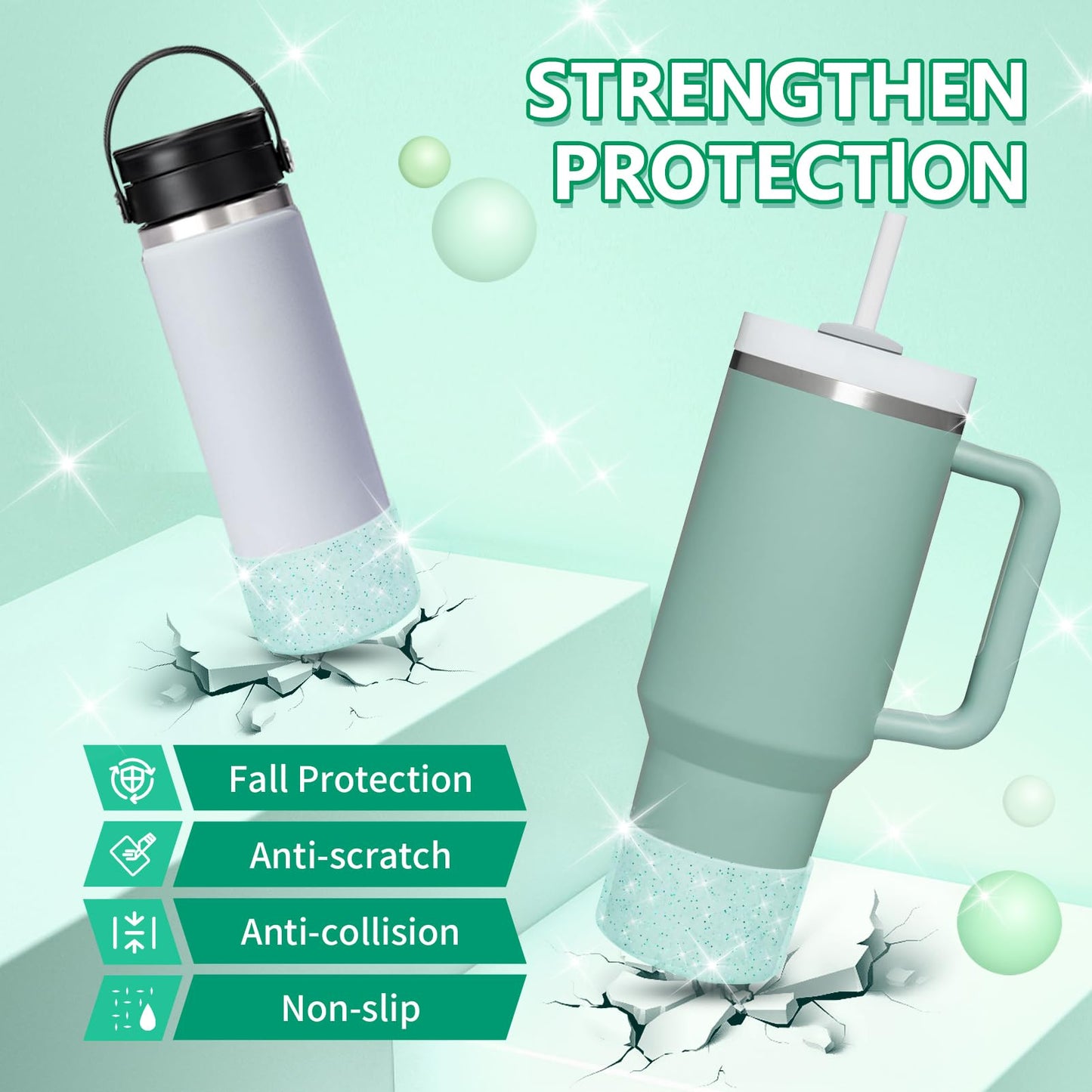 WUQID 2 Pack Bling Silicone Boot Compatible with Stanley Tumbler 20-40oz & Hydro Flask Water Bottle 12-24oz and More Bottles/Tumblers Bottom Width of 2.83-2.95in,Glitter Reduces Dents Sleeve Cover