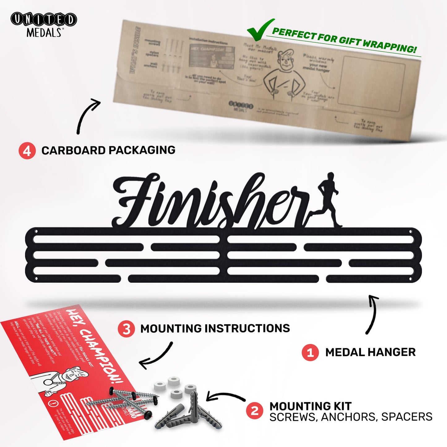 Sports Medal Hanger Display Race FINISHER | Black Race Medal Holder Awards Wall Mount | Running Marathon Race Medal Display for Wall | Steel medal holder for wall holds up to 48 Medals