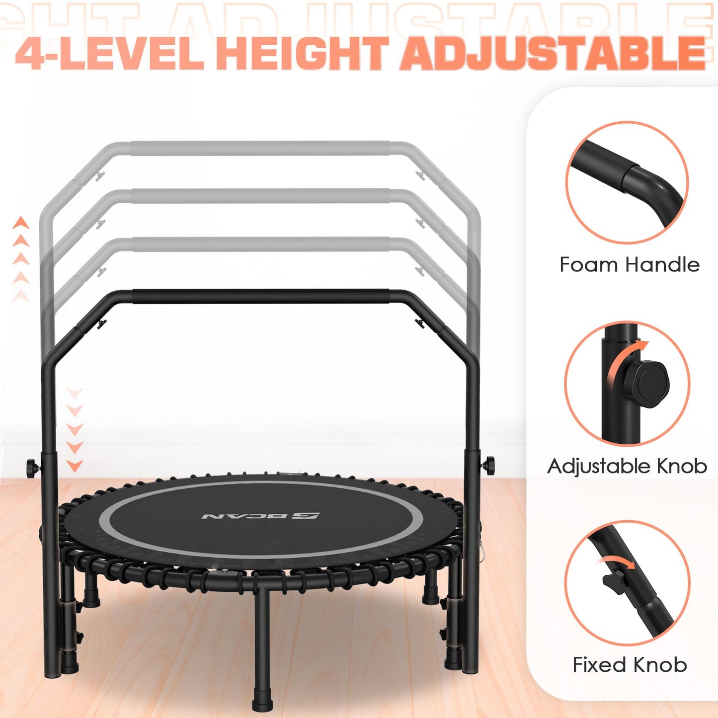 BCAN 450 LBS Foldable Mini Trampoline, 40" Fitness Trampoline with Adjustable Handle Bar, Bungees, Stable & Quiet Exercise Rebounder for Kids Adults Indoor/Garden Workout-Silver
