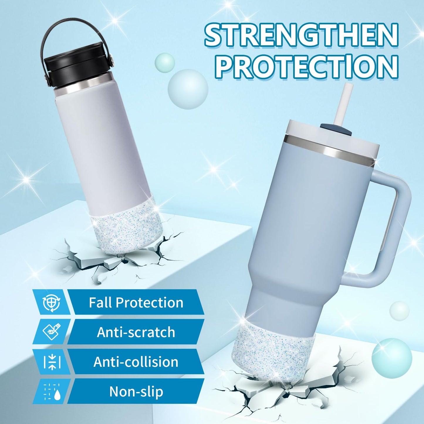 WUQID 2 Pack Bling Silicone Boot Compatible with Stanley Quencher Adventure 40oz & Stanley IceFlow 20oz 30oz, Reduces Dents Protective Silicone Water Bottle Bottom Cover Sleeve