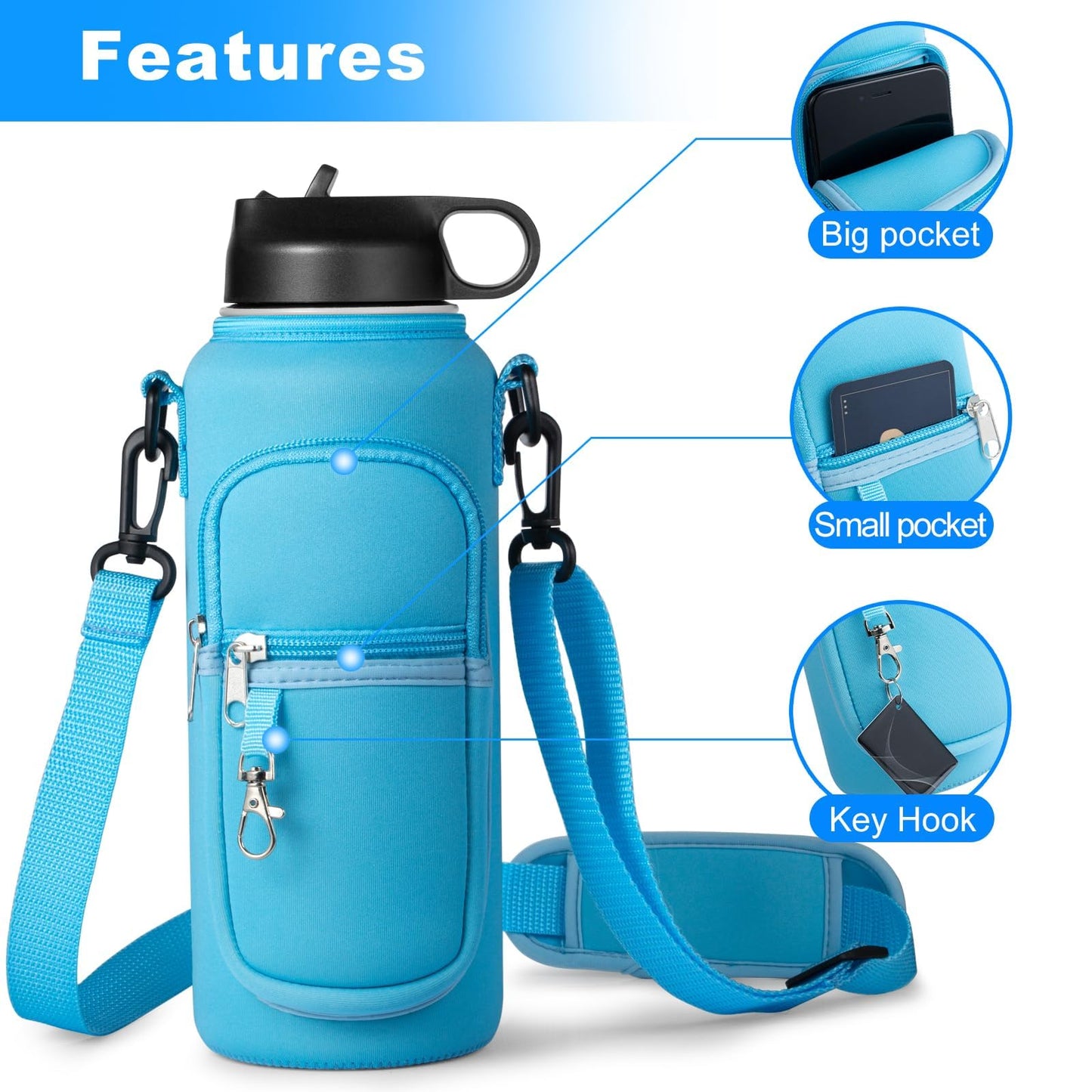 RRegeny Water Bottle Holder with Strap for Hydroflask 32oz 40oz Insulated Water Bottle, Carrier Sling Bag with Phone Pocket Water Bottle Sleeve for Men Women Hiking Camping Travelling