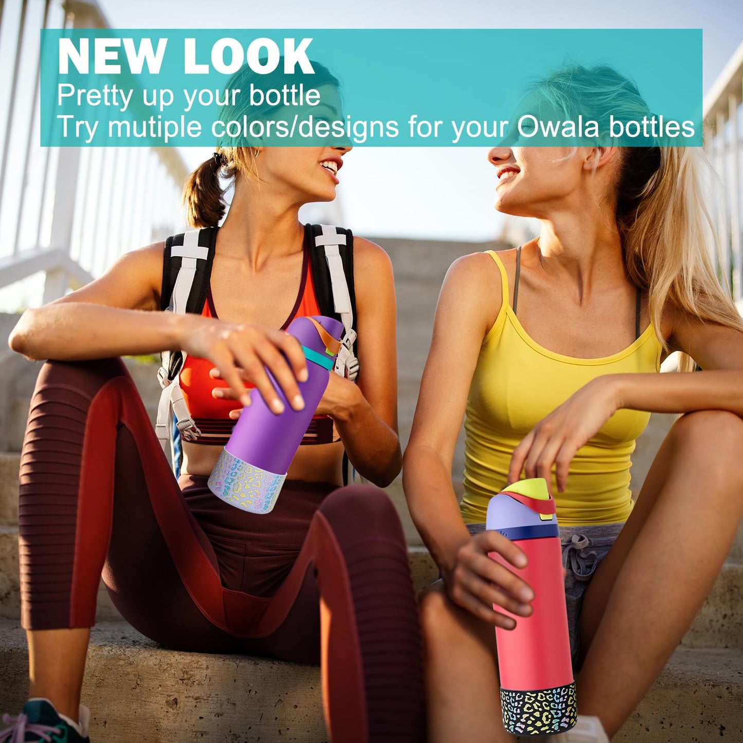 WK IEASON 2Pcs Silicone Water Bottle Boot for Owala 24oz, Protective Flask Bottom Cover Base for Owala FreeSip Twist and Flip Flask Bottles (Leo print Mint/fog, 24OZ)