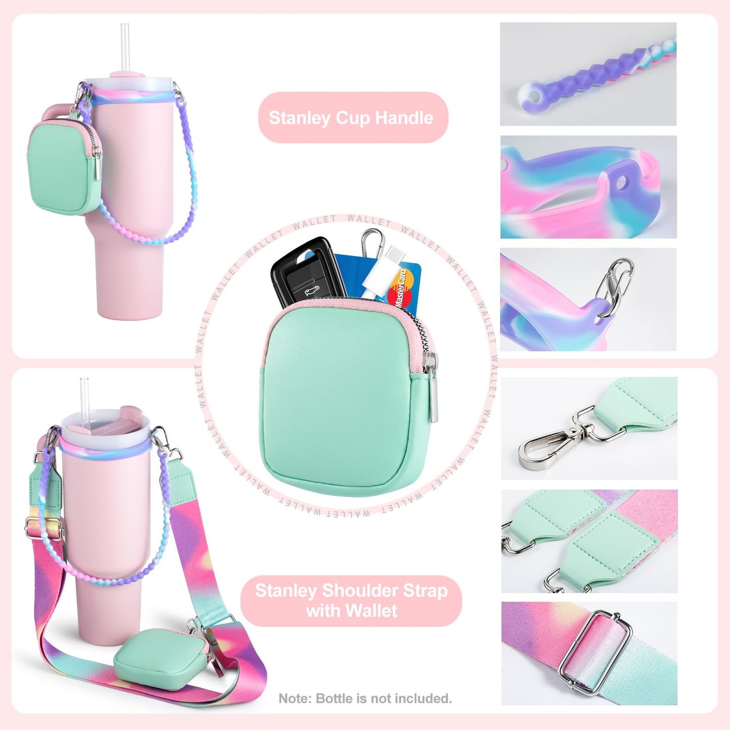Water Bottle Handle for Stanley Cup Accessories 40 oz, Carrier with Shoulder Strap for Owala/Hydroflask/Simple Modern/Yeti Tumbler, Holder with Wallet for Stanley Cup 30 oz 20 oz