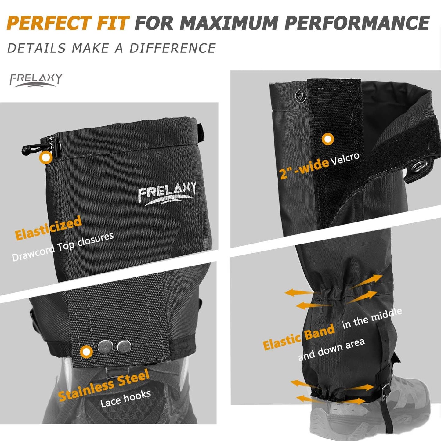 Frelaxy Leg Gaiters Ultra HIGH-Performance Hunting Gaiters, 100% Waterproof Hiking Gaiters with Upgraded Rubber Foot Strap, Adjustable Snow Boot Gaiters (Jet Black,M)