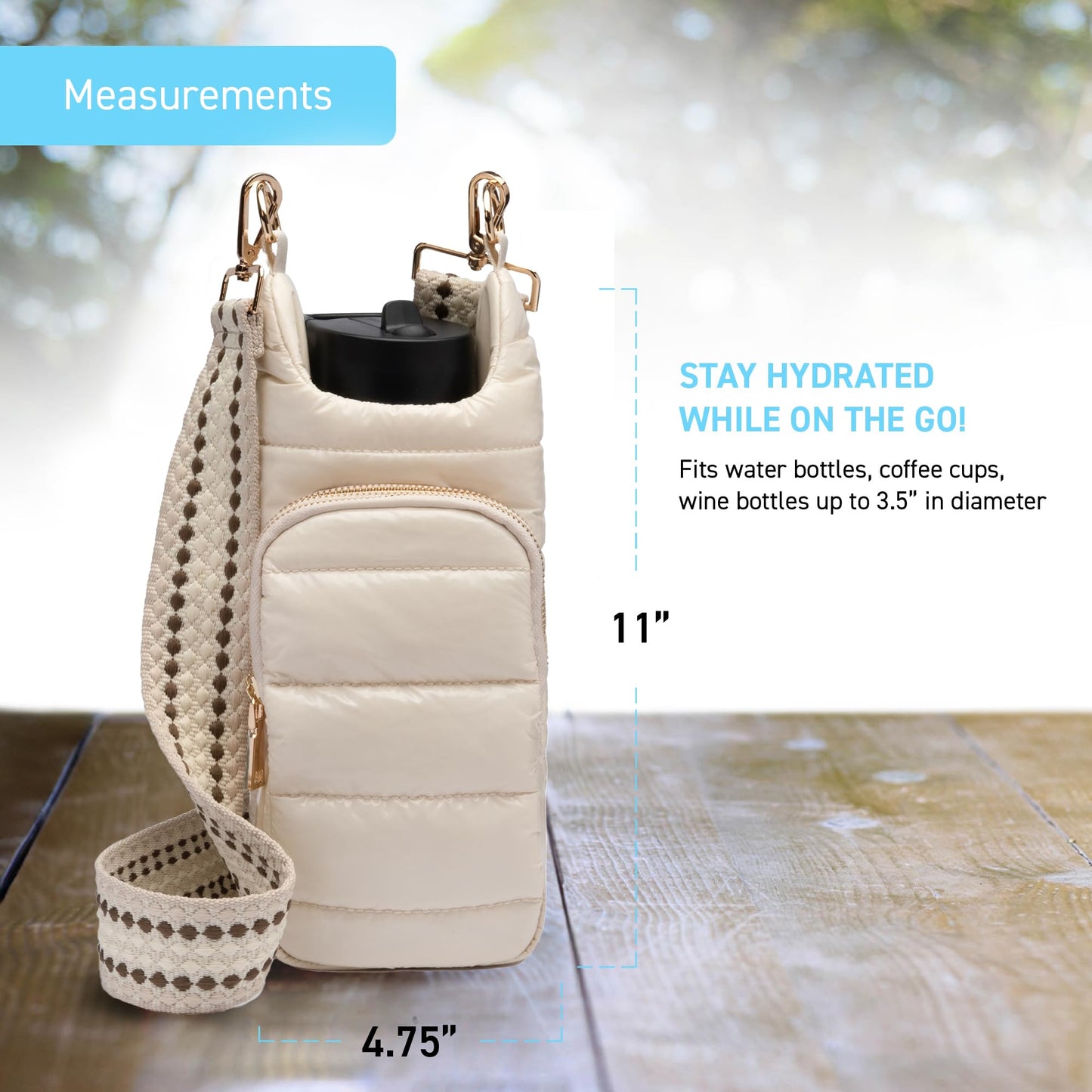 WanderFull Original Crossbody HydroBag | Quilted Water Bottle Carrier | Puffer Tote Tumbler Holder with Pockets for Purse, Phone & Accessories | Carry Travel Essentials (Ivory Gloss)