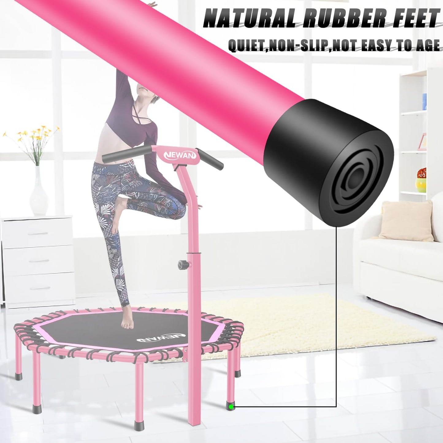 Newan 48" Fitness Trampoline with Adjustable Handle Bar, Silent Trampoline Bungee Rebounder Jumping Cardio Trainer Workout for Adults - Max Limit 330 lbs