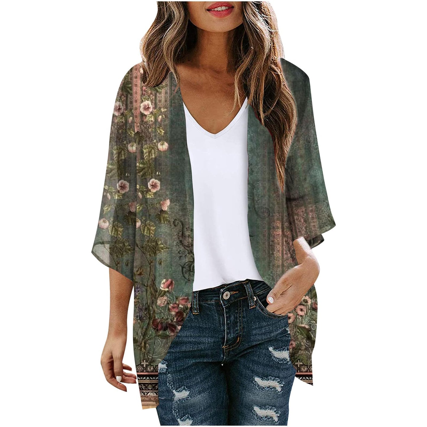 Plus Size Kimonos,Women's Floral Print Puff Sleeve Kimono Cardigan Loose Cover up Casual Blouse Tops Special Deals Today only on Prime