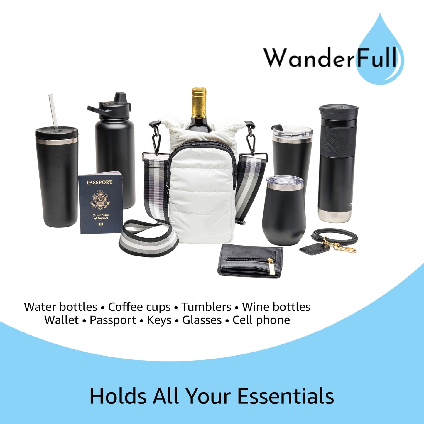 WanderFull Original Crossbody HydroBag | Quilted Water Bottle Carrier | Puffer Tote Tumbler Holder with Pockets for Phone & Accessories | Carry Travel Essentials (White Glossy/Interchangeable Strap)