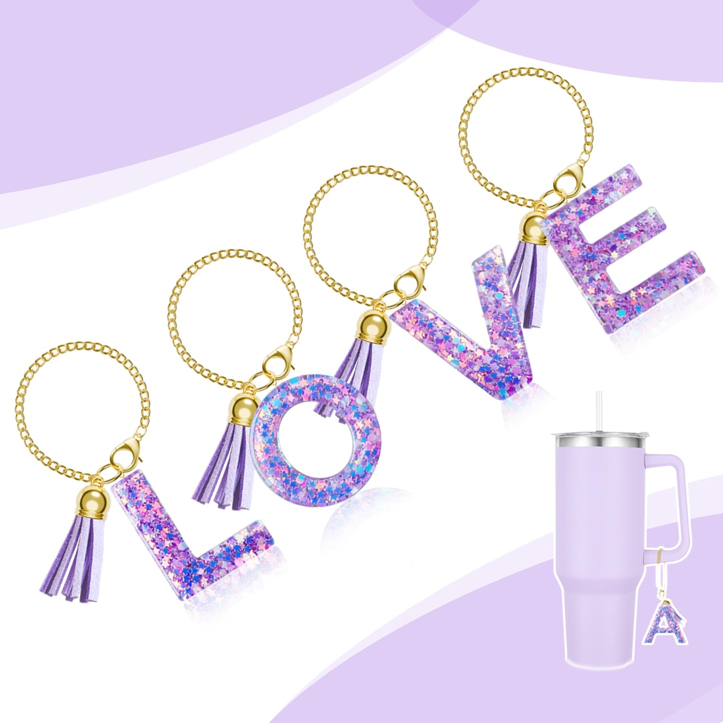 MOYOHIM Letter Charm for Stanley Cup, 1PCS Cute Tumbler Accessories Charm for Handle, Purple Personalized Initial Keychain Charm for Girls Women