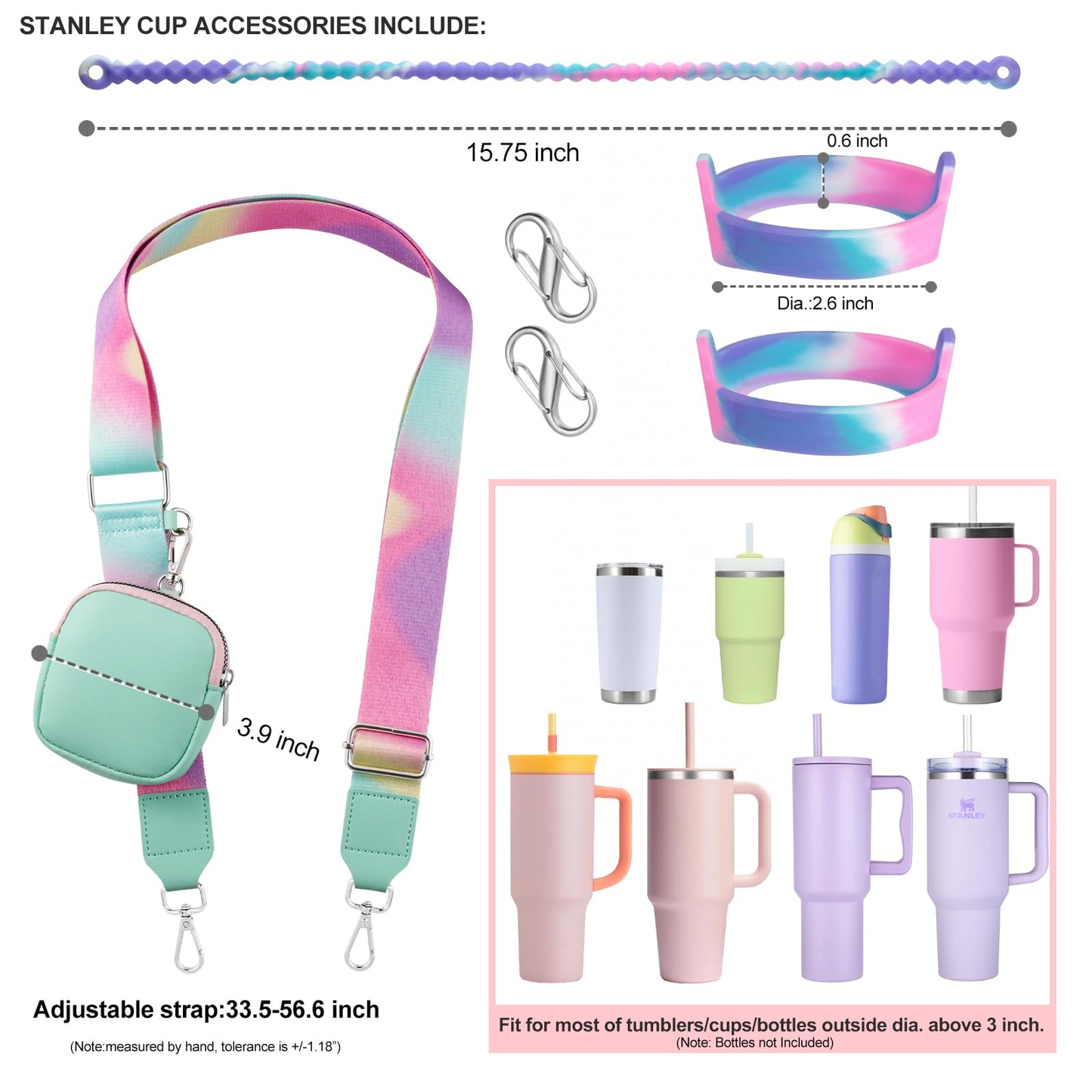 Water Bottle Handle for Stanley Cup Accessories 40 oz, Carrier with Shoulder Strap for Owala/Hydroflask/Simple Modern/Yeti Tumbler, Holder with Wallet for Stanley Cup 30 oz 20 oz