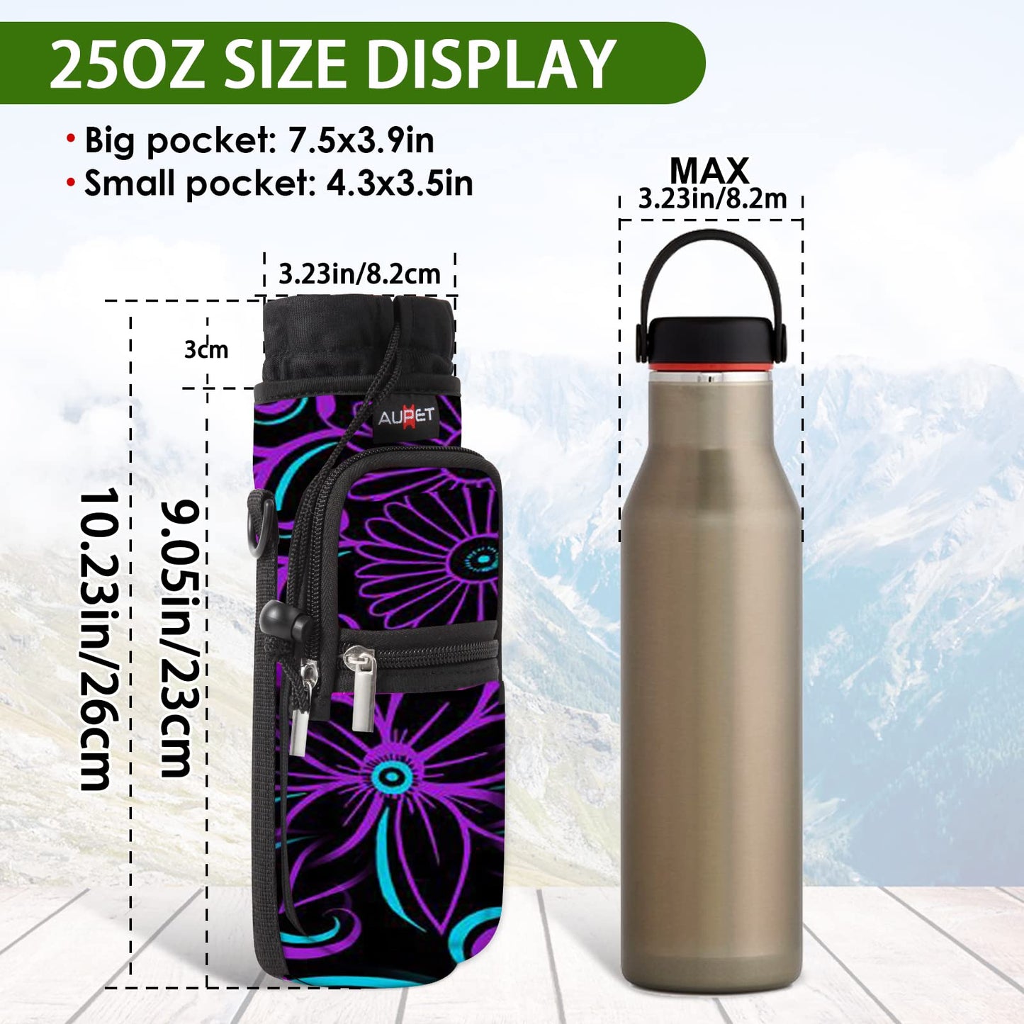 AUPET Water Bottle Holder Sling Carrier Bag Sleeve 25/32/40/64 oz,Insulated Crossbody Water Bottle Case Cover with Strap and Pockets for Men/Women Walking Hiking Camping (25oz,purple flower)