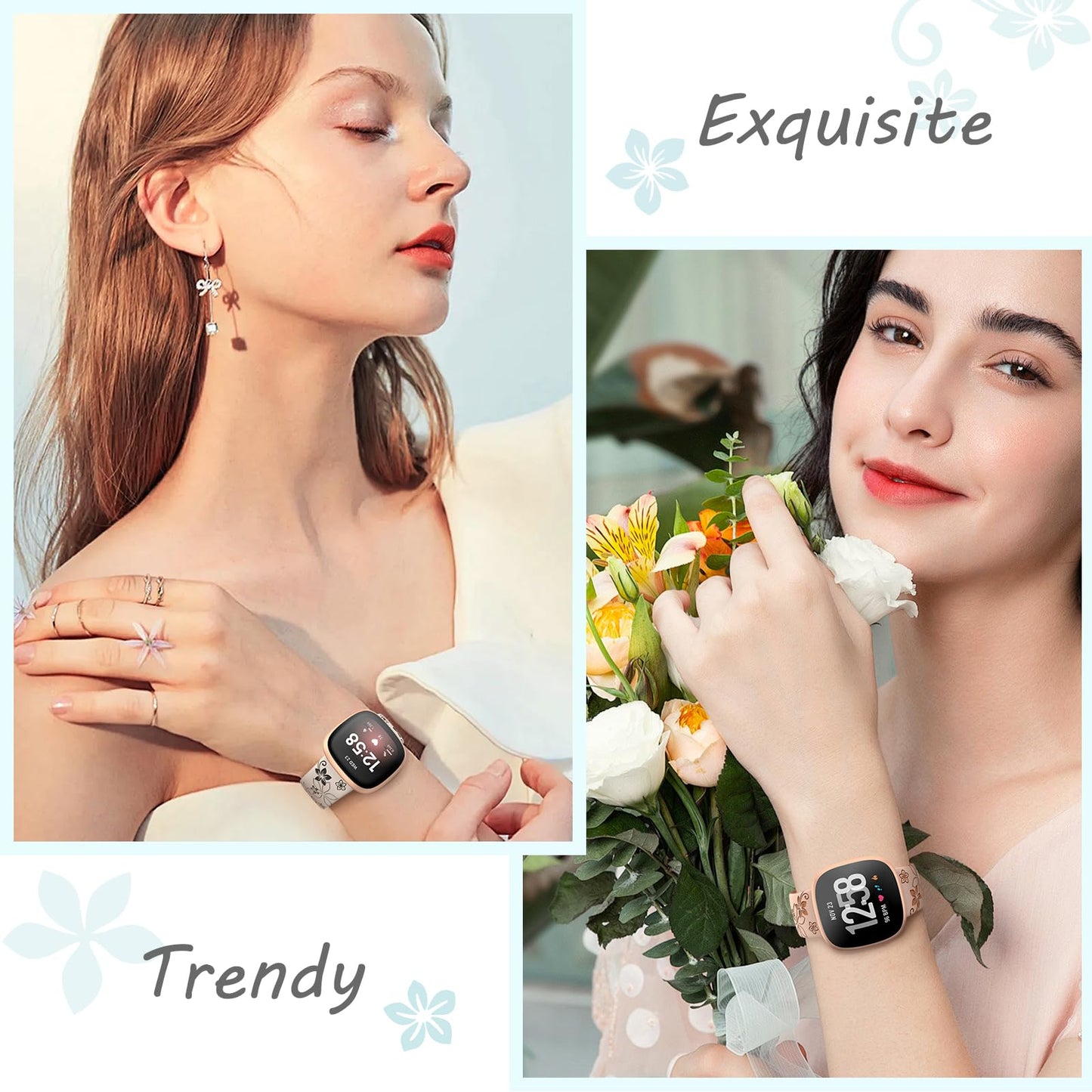 OHOTLOVE Floral Engraved Bands Compatible for Fitbit Sense Bands/Fitbit Versa 3 Bands Women/Fitbit Versa 4 Bands/Sense 2 Bands,Soft Cute Two-Tone Flower Sport Watch Strap Replacement Wristbands.D