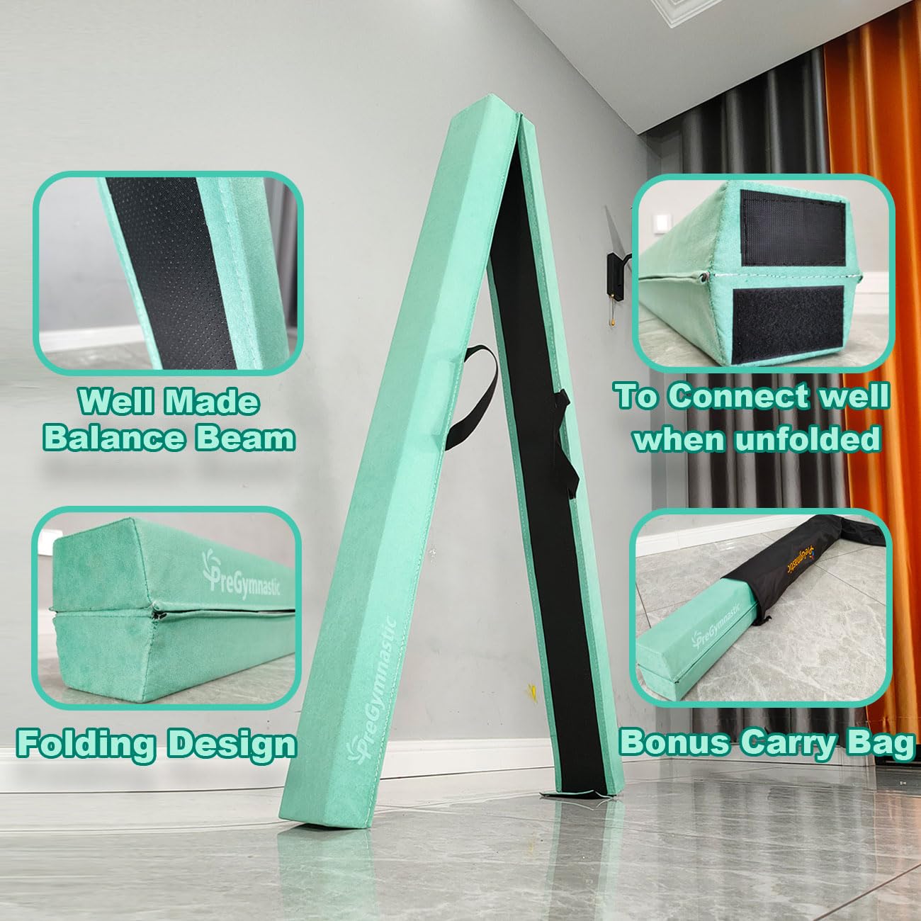 PreGymnastic 6FT/8FT/9.5FT Folding Balance Beam for Kids 3-12,Foldable Gymnastics Floor Beam-Extra Firm Suede Cover with Carry Bag for Home-Gym Equipment for Toddler Teenage (Mint Green, 6FT)