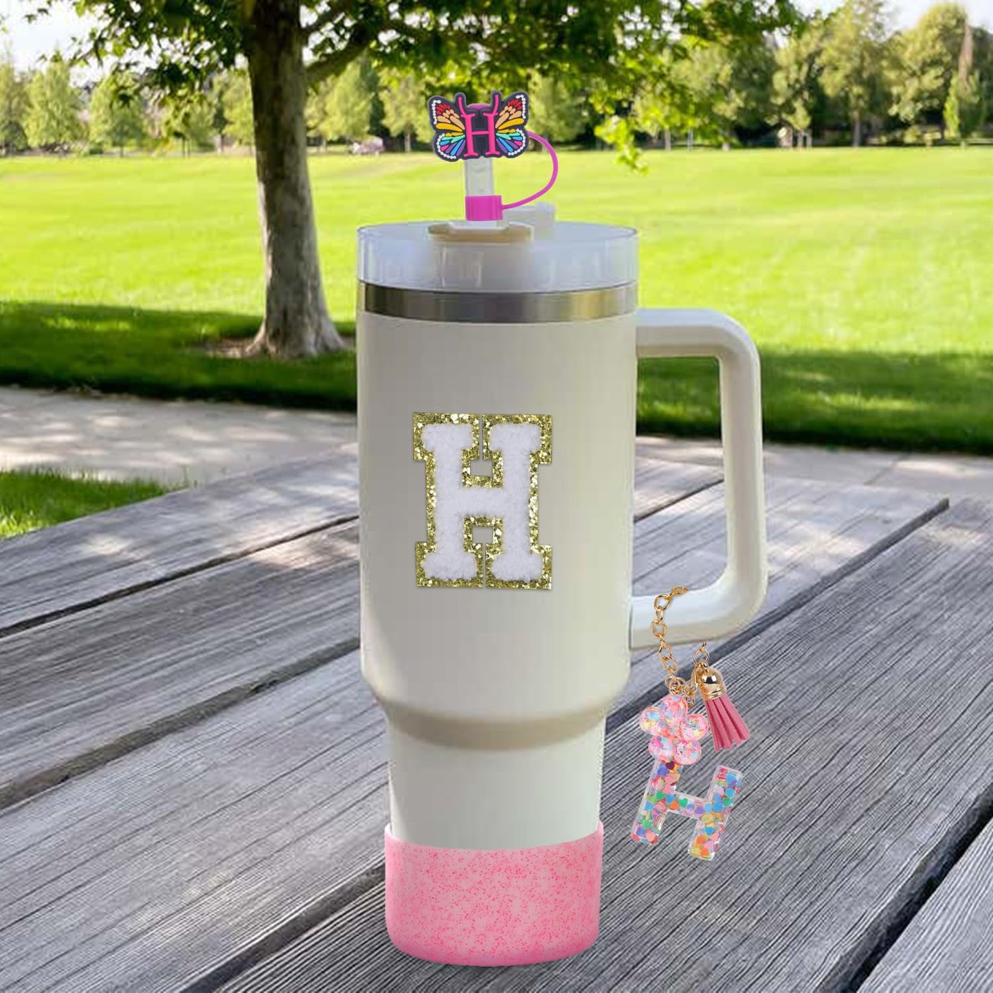 LA KEN DU Use for Stanley Cup Accessories Charms 40oz 30oz,Compatible with Stanley Cup Letter Charms for Handle Silicone Boot,Straw Cover Topper & Sticker(H)