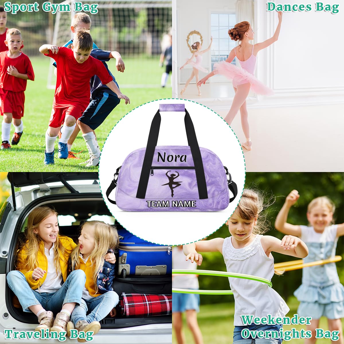 Voloreju Personalized Dance Gym Bag Cheer Bags for Girls Customize Travel Duffle Bag Foldable Sports Bag Kids Ballet Bag