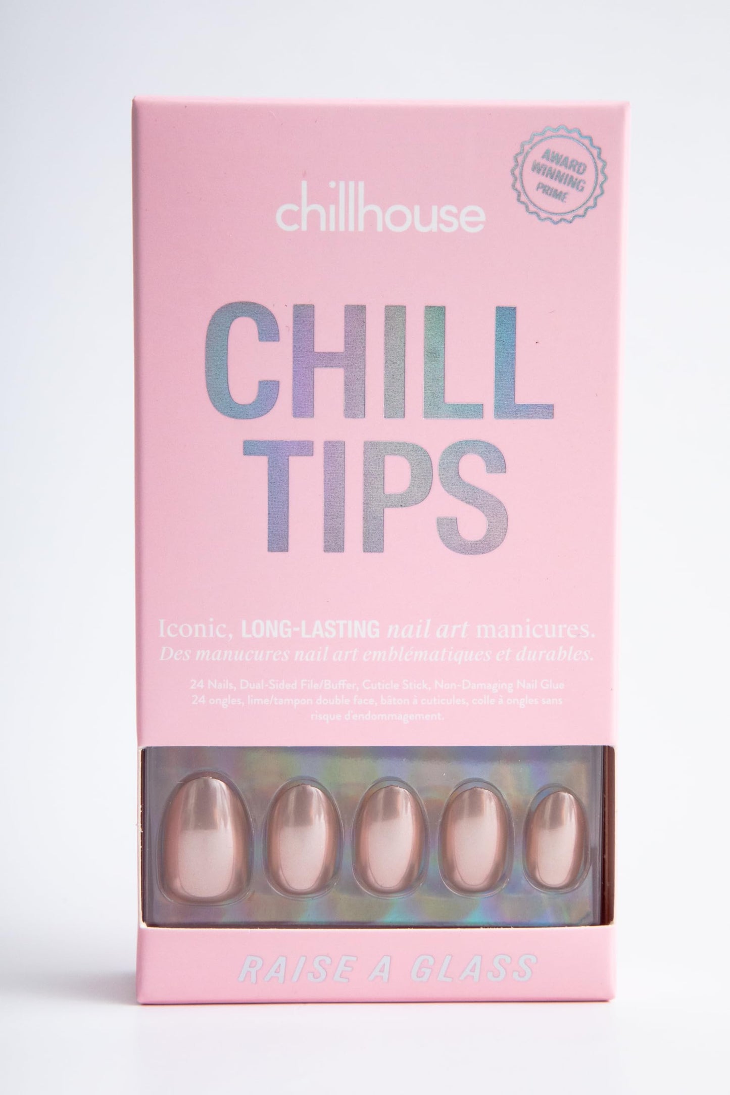 Chillhouse Chill Tips Signatures Press On Nails Kit, Raise a Glass - 24 Nail Shapes & Sizes, Dual-Sided Buffer & File, Cuticle Stick & Glue - Long-Lasting Nail Art Manicures