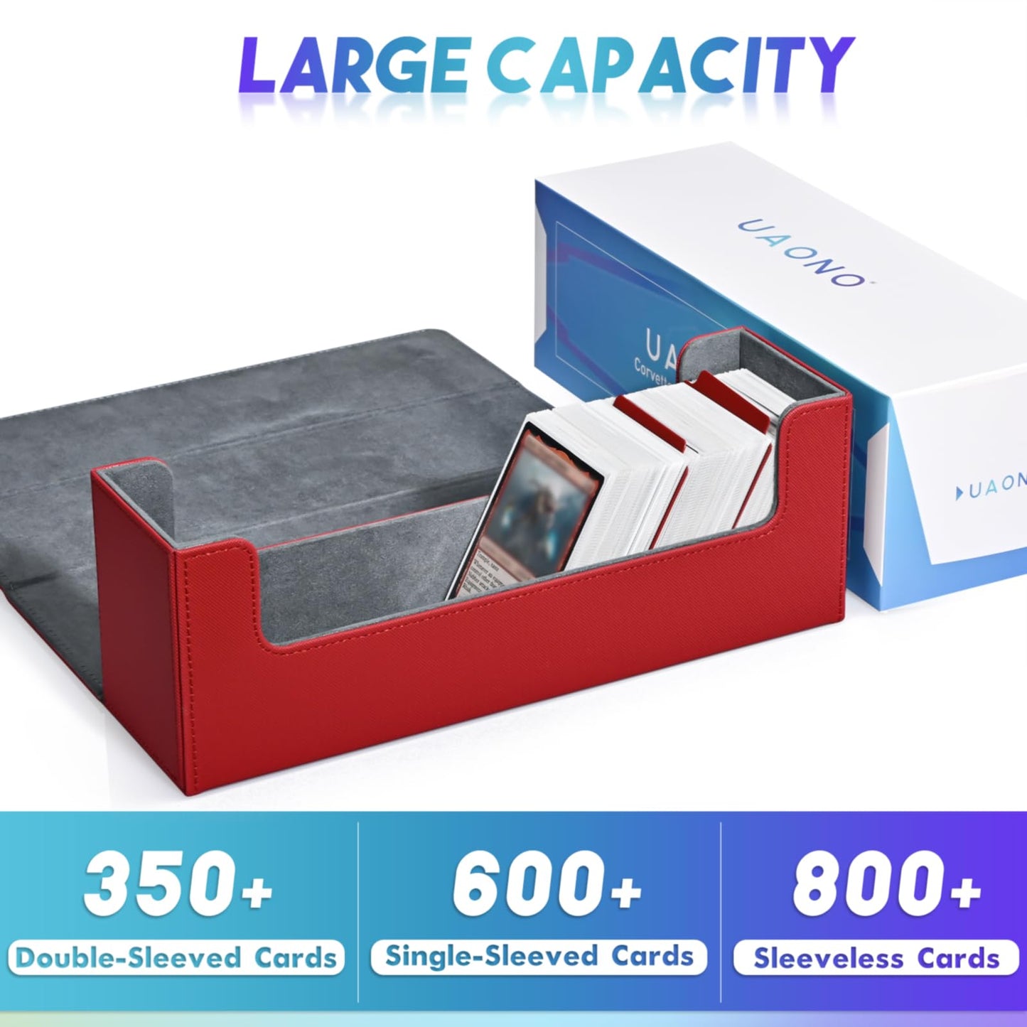 UAONO Card Storage Box for Trading Cards, 600+ PU Leather Commander Card Deck Case, Magnetic Closure Card Holder Fits for Magic Game Cards (Red)