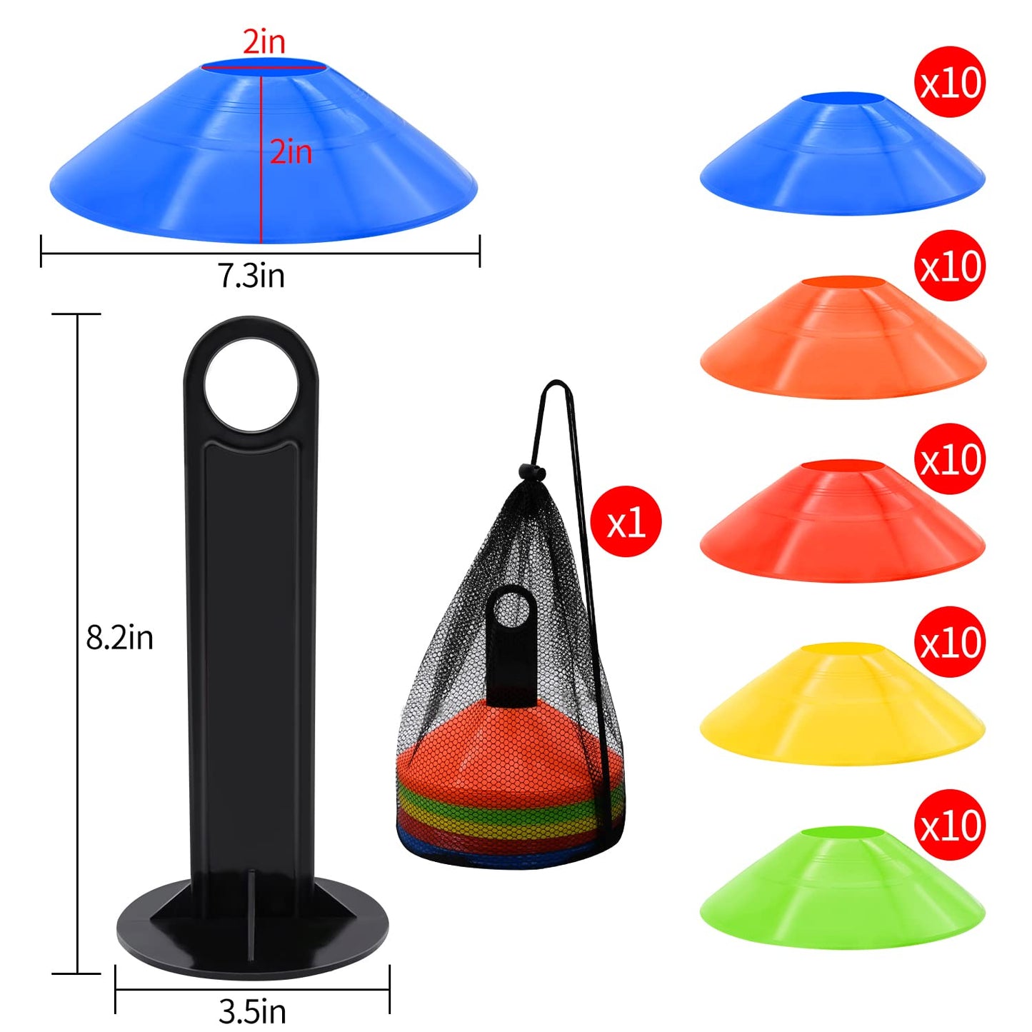 FGBNM 50 Pack Disc Cones, Agility Soccer Cones with Carry Bag and Holder, Soccer Cones for Sports Training, Football, Soccer, Basketball, Coaching, Practice Equipment, 5 Color (50 Pack)
