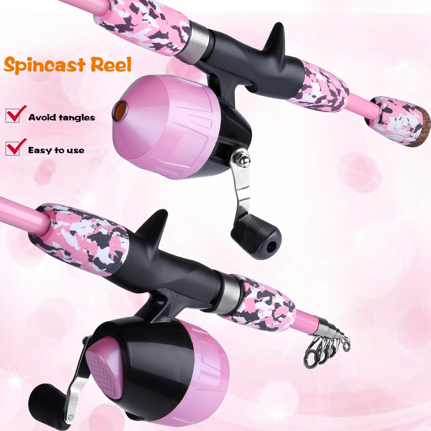 ODDSPRO Kids Fishing Pole - Kids Fishing Starter Kit - with Tackle Box, Reel, Practice Plug, Beginner's Guide and Travel Bag for Boys, Girls (Light Pink, 1.5M 4.92Ft)