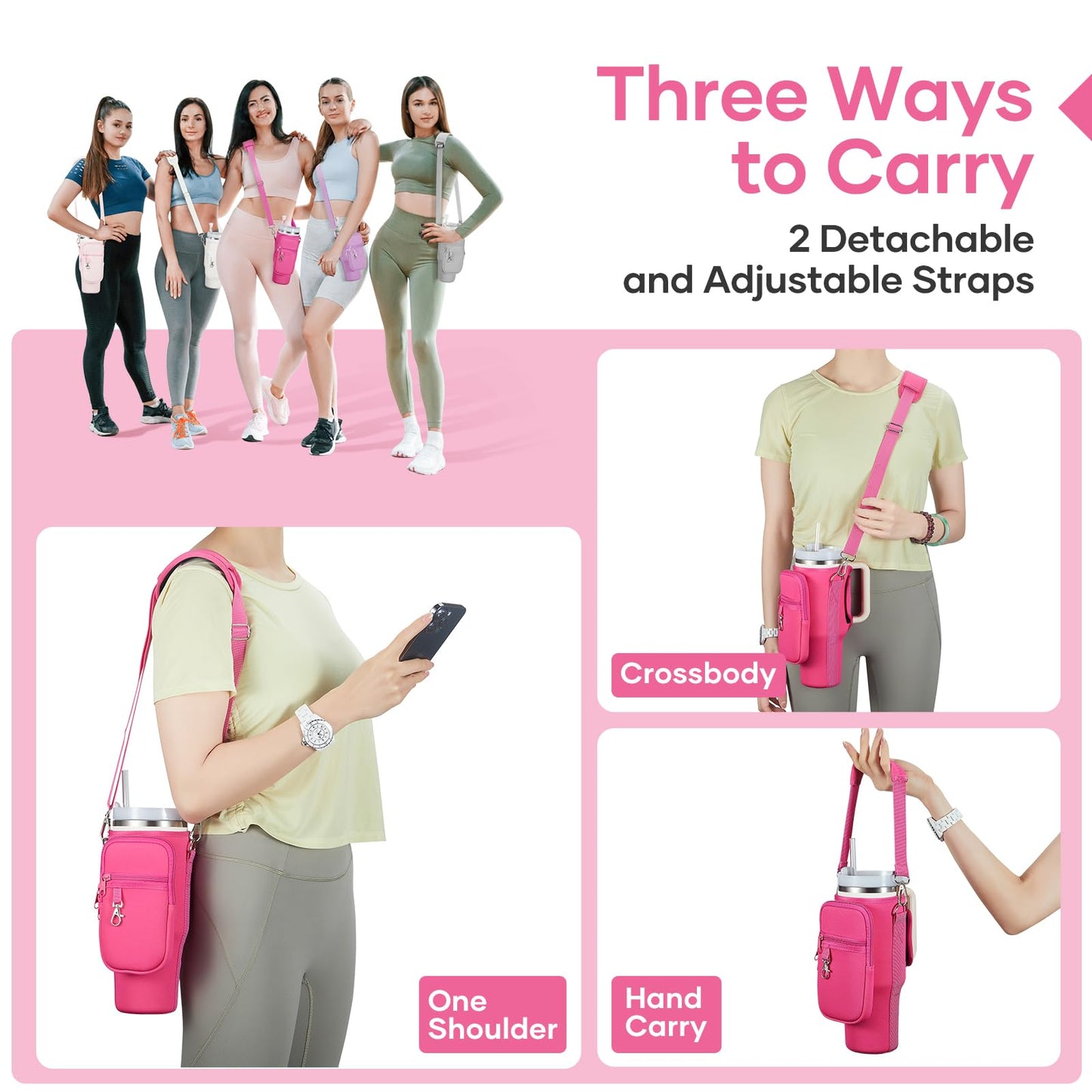 linmaya Water Bottle Carrier Bag with Phone Pocket for Stanley 40/30 oz Tumbler Neoprene Water Bottle Holder Pouch with 2 Adjustable Strap & 3 Leak Stoppers for Stanley Cup Accessories