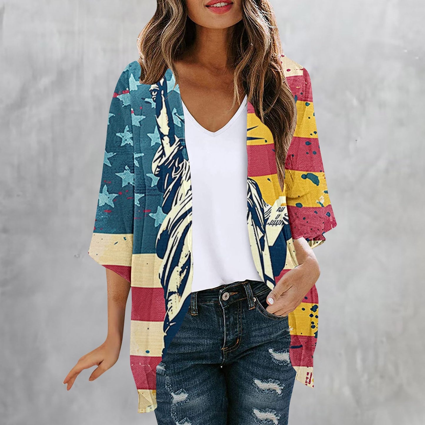 My Orders Sales Clearance Today Deals Prime Women American Flag Lightweight Chiffon Cardigan Short Sleeve Flowy 4th of July Cover Up Casual Open Front Blouse Top Multicolor,XL
