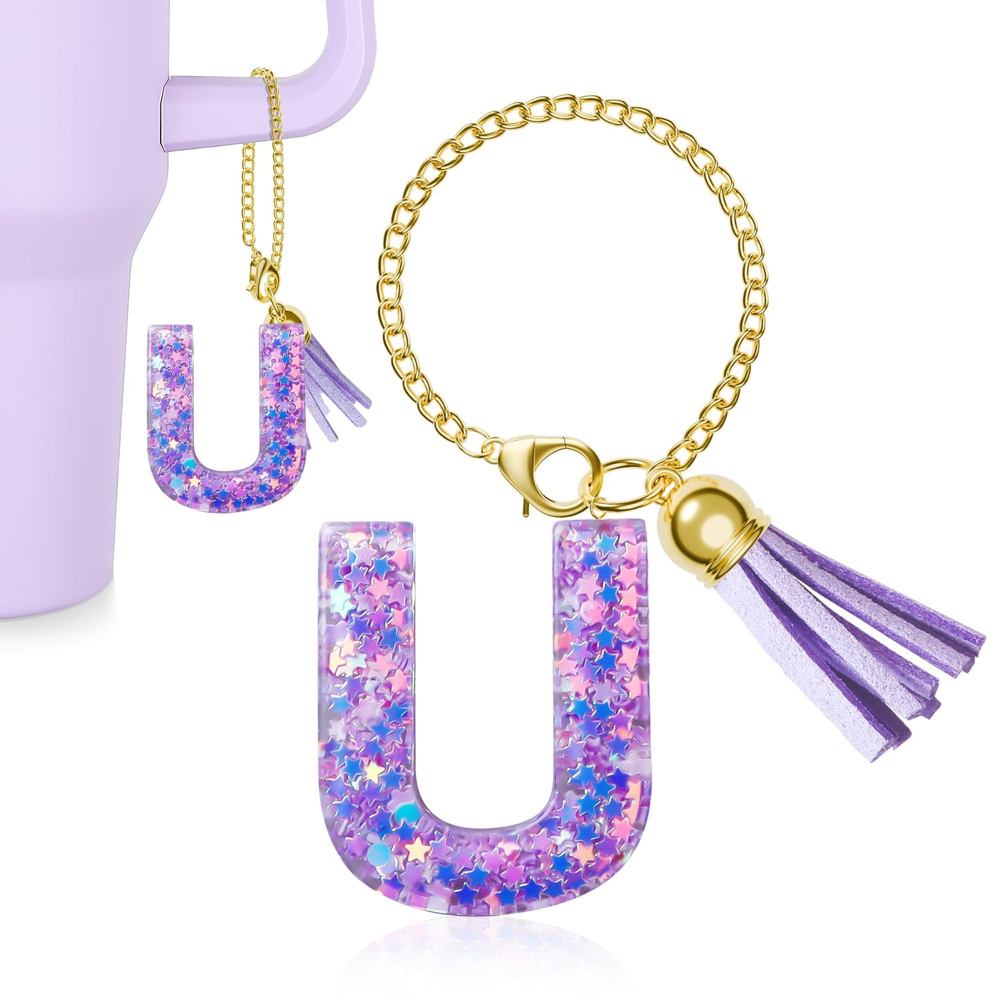 MOYOHIM Letter Charm for Stanley Cup, 1PCS Cute Tumbler Accessories Charm for Handle, Purple Personalized Initial Keychain Charm for Girls Women
