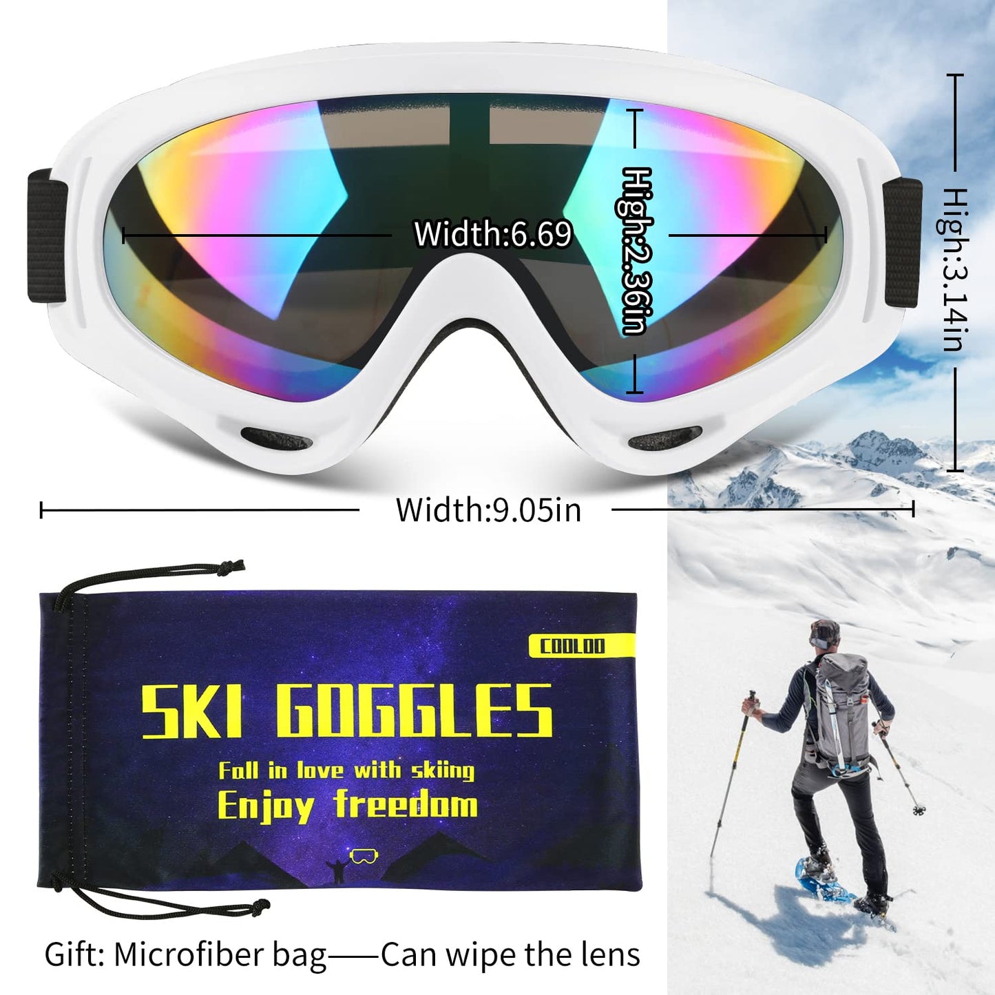 COOLOO Ski Goggles, 2 Pack Snow Goggles Snowboard Goggles for Men Women Kids - UV Protection Foam Anti-Scratch Dustproof