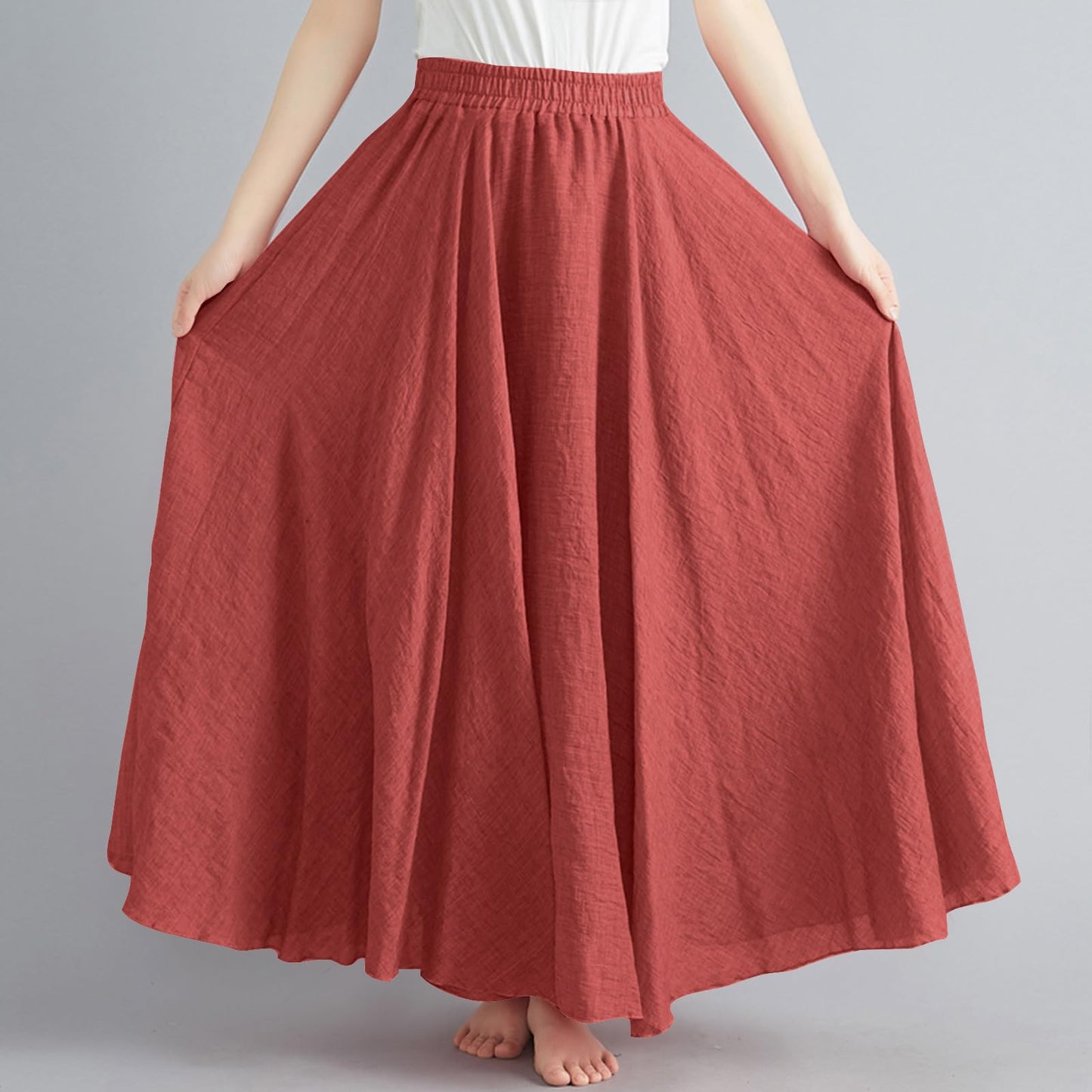 Womens Linen Maxi Skirts Summer Boho Solid Beach Elastic High Waist Pleated A-Line Flowy Swing Long Maxi Skirts