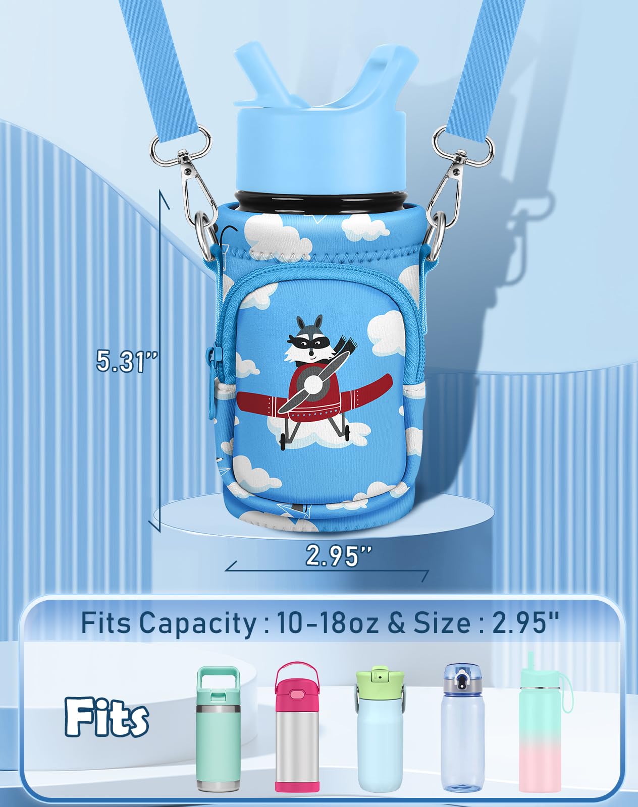 Water Bottle Carrier with Strap Cartoon Water Bottle Bags Holder for Kids Boys Girls Neoprene Insulated Bottle Bag for 10/12/14/16/18Oz Stainless Steel Glass Bottles Sleeve, Airplane Raccoon