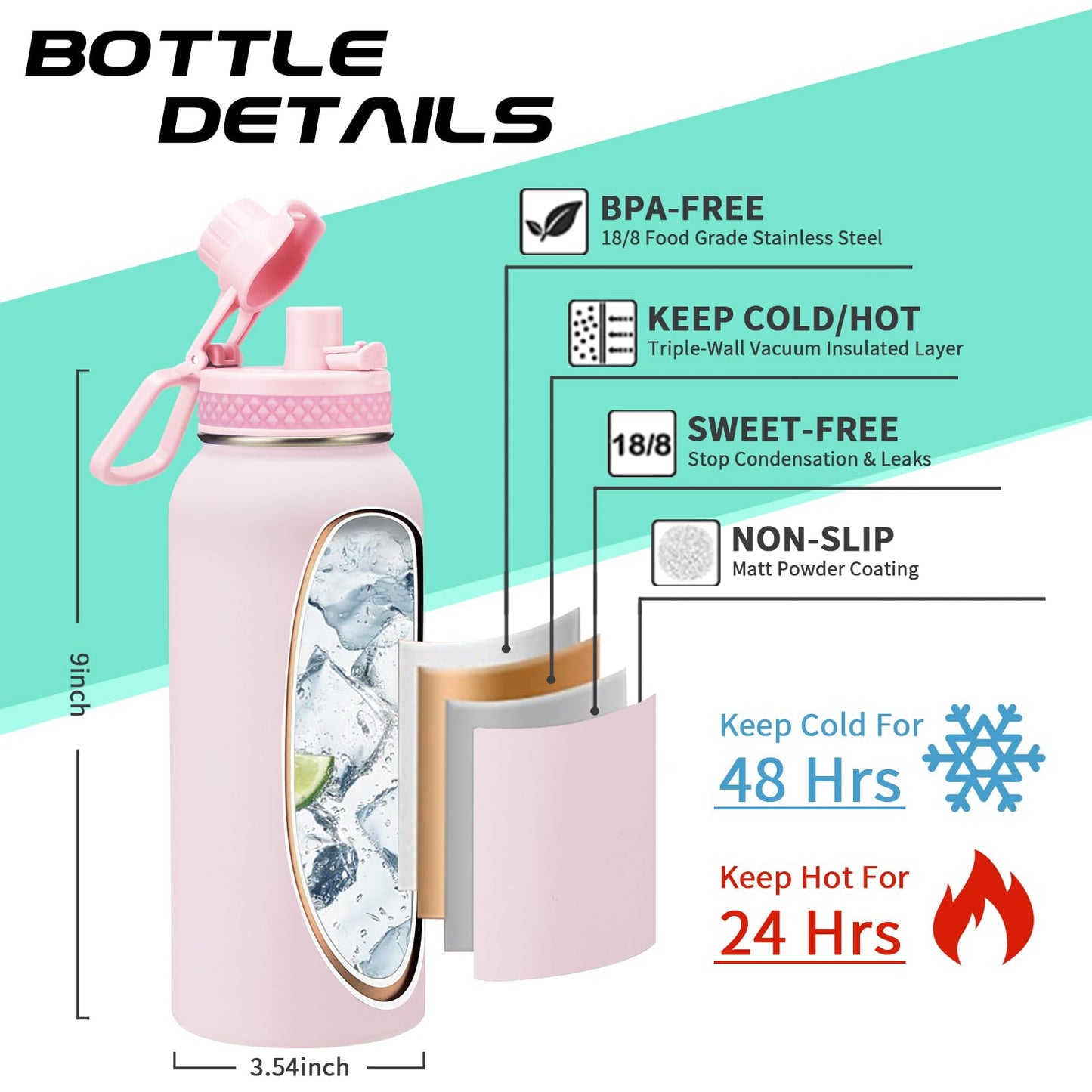 32 OZ Water Bottles with Straw, Storage Carrier Bag, Paracord Handle & Chug Lid, BPA-free Vacuum Insulated Water Bottle 32oz, Keep Cold 48Hrs & Hot 24Hrs, Stainless Steel Hydro Sports Office Travel