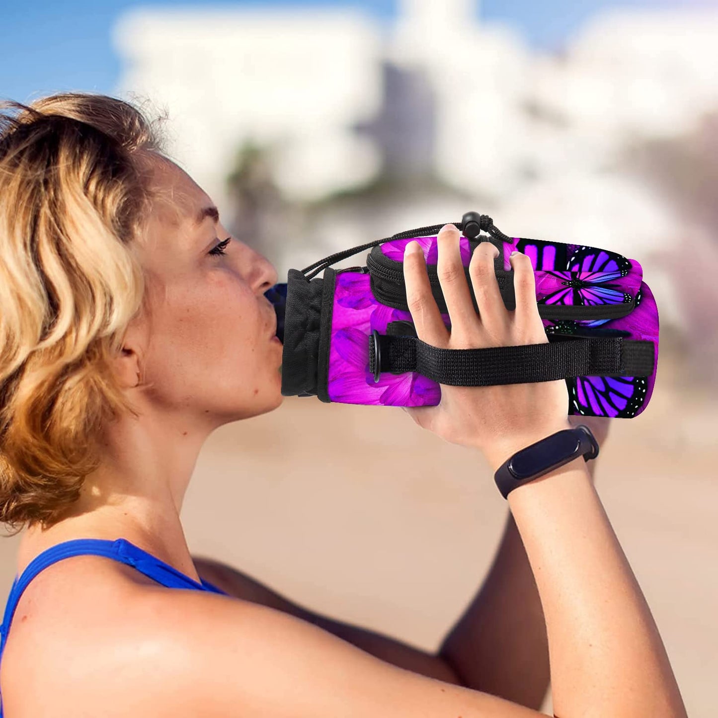 Water Bottle Sling Bag Sleeve Holder Carrier 25/32/40/64 oz ,Insulated Crossbody Water Bottle Case Cover with Strap and Pockets for Men/Women Walking Hiking Camping (32oz, purple butterfly flower)