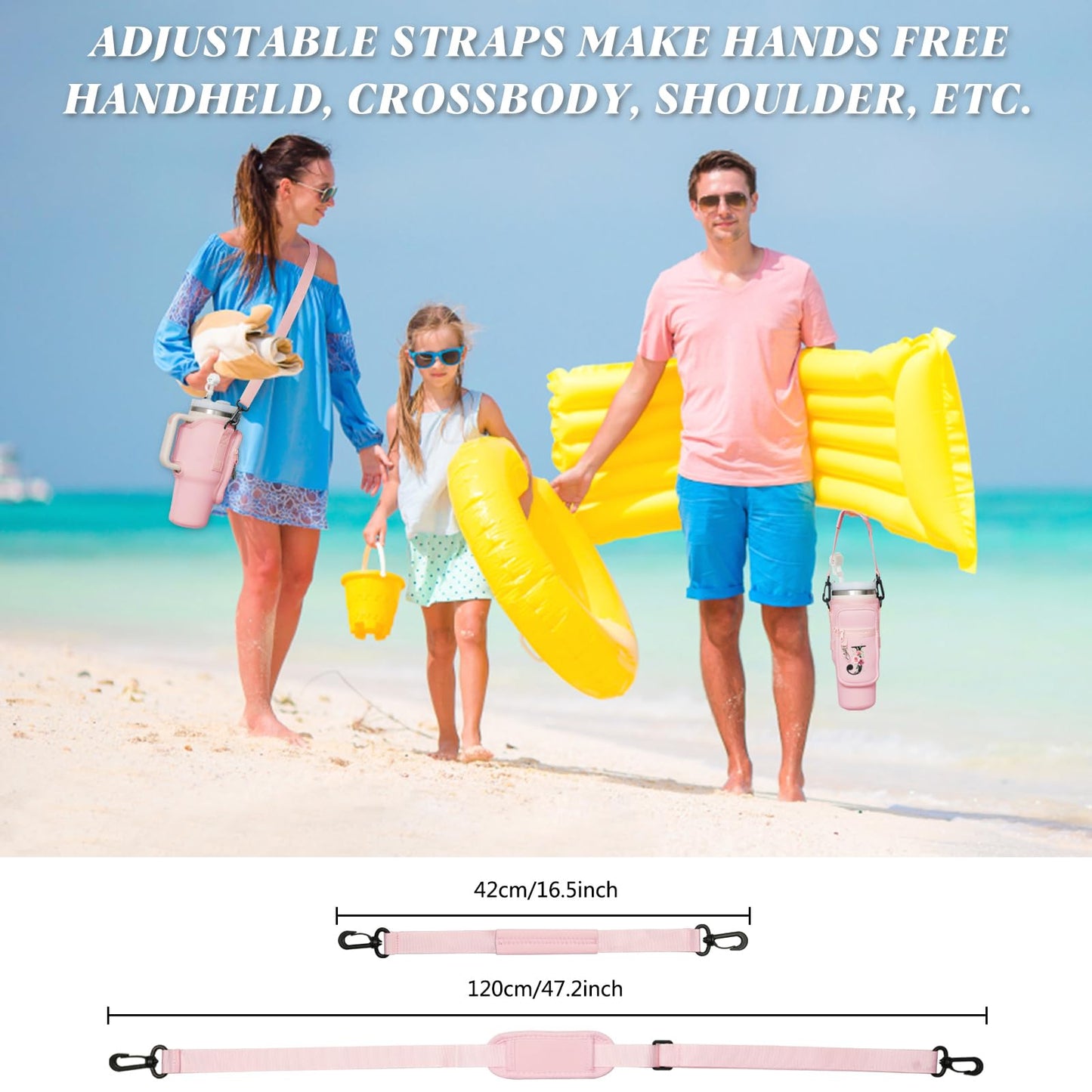 Sunegg Initial Water Bottle Carrier Bag for Stanley 40 oz Tumbler with Handle, Water Bottle Holder Pouch with Phone Pocket, Straw Cover & Carabiner, Nice Accessories for Stanley Cup(Pink R)
