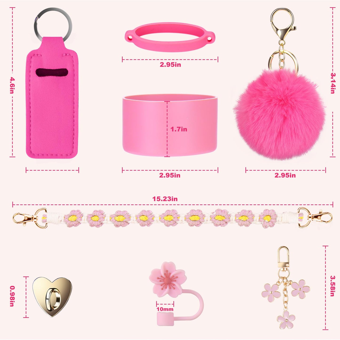 Mity rain Cup Accessories for Stanley Cup 30oz 40oz Tumbler with Handle, Including Water Bottle Handle Strap, Chapstick Holder, Boot, Keychain Charms, Straw Topper Cover Cap for Stanley (Pink)