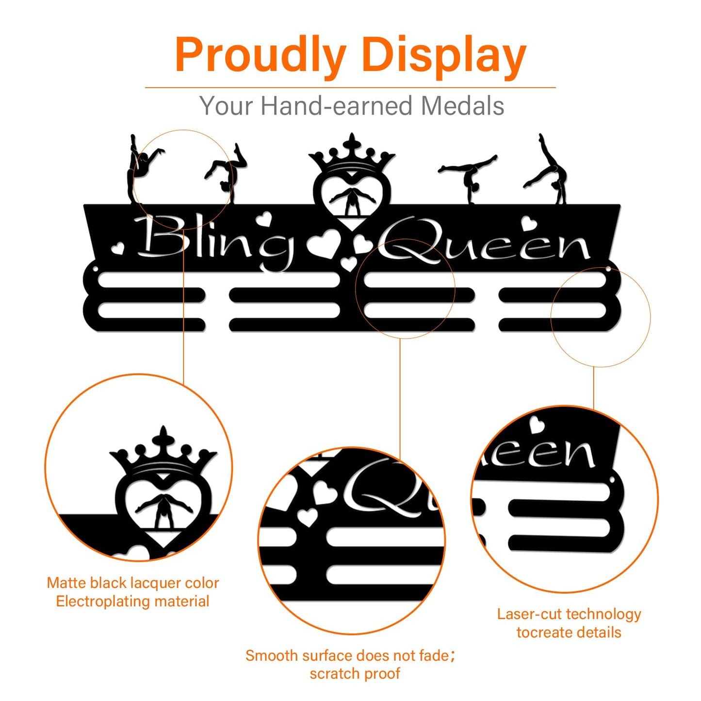 SUPERDANT Medal Holder Gymnastics Medals Display Motivating Word Bling Queen Black Iron Wall Mounted Hooks for Competition Medal Holder Display Wall Hanging