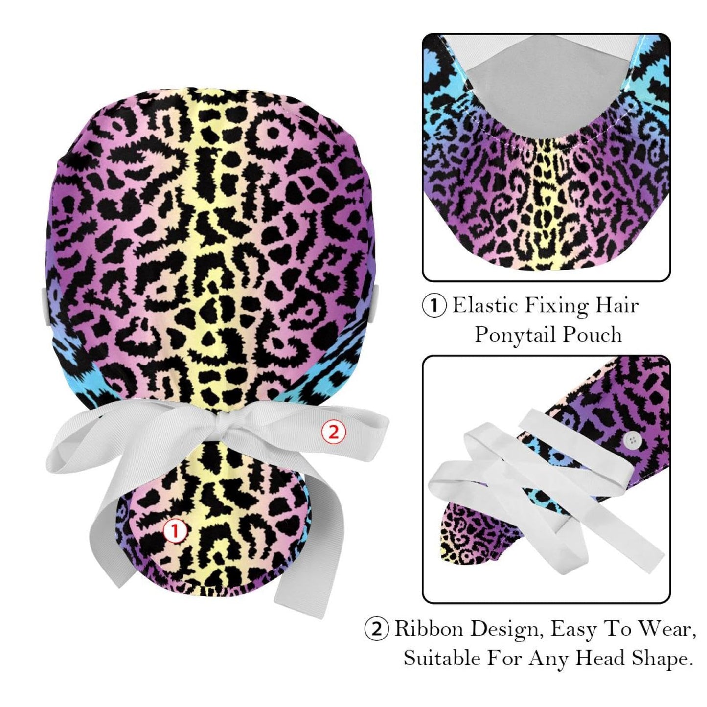 Generic 2 Pcs Leopard Unisex Working Cap with Button Sweatband Adjustable Tie Back Bouffant Hats