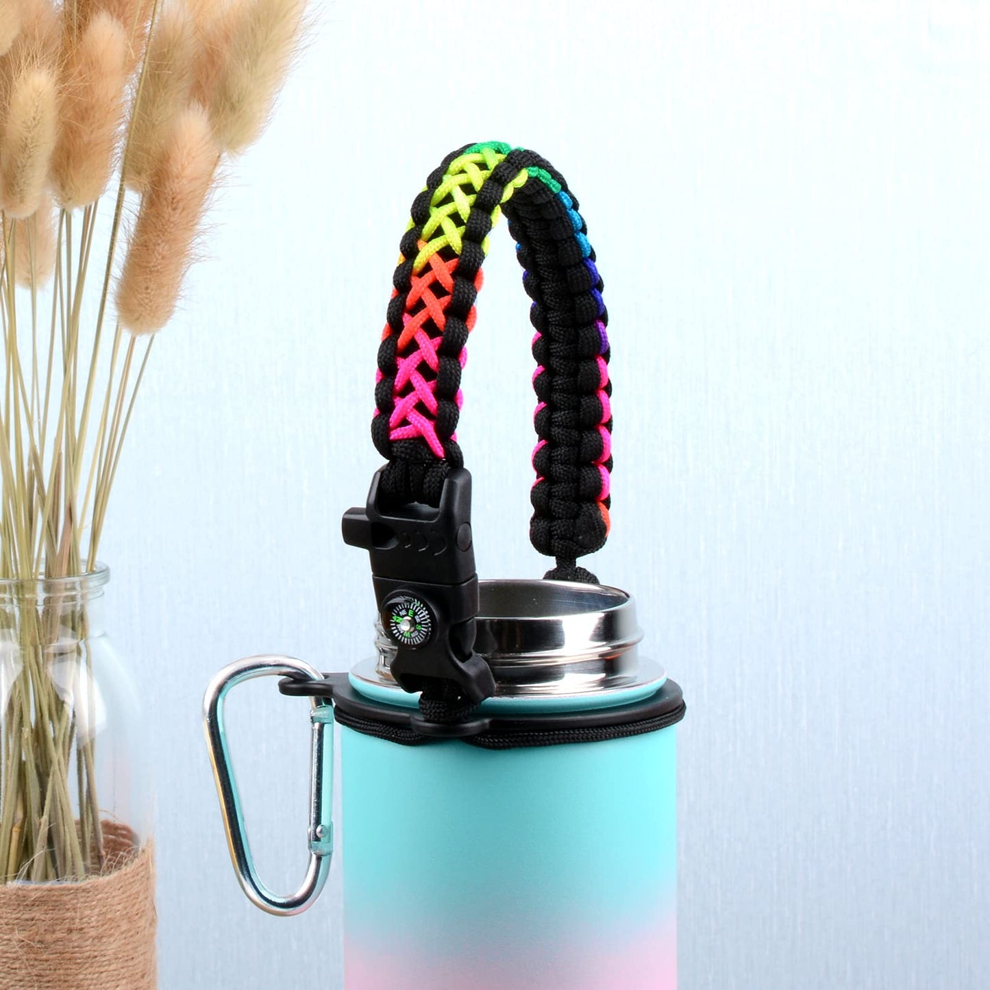 Paracord Handle - Fits Wide Mouth Bottles 12oz to 64oz - Durable Carrier, Paracord Carrier Strap Cord with Safety Ring,Compass and Carabiner - Ideal Water Bottle Handle Strap (Rainbow Grid)