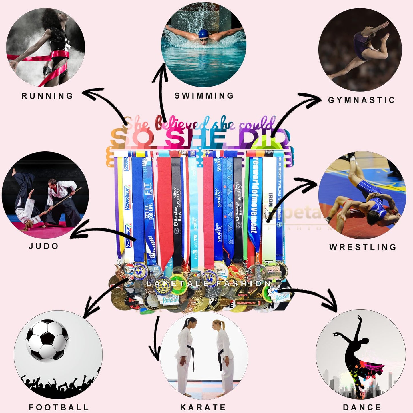 Lapetale Fashion Medal Hanger Holder Display Wall Rack Frame Shelf in 16" long-Medal Hanger Awards Ribbon Cheer,gymnastics,soccer,softball Holder Display Custom Rack for Sports Medals Easy to Install