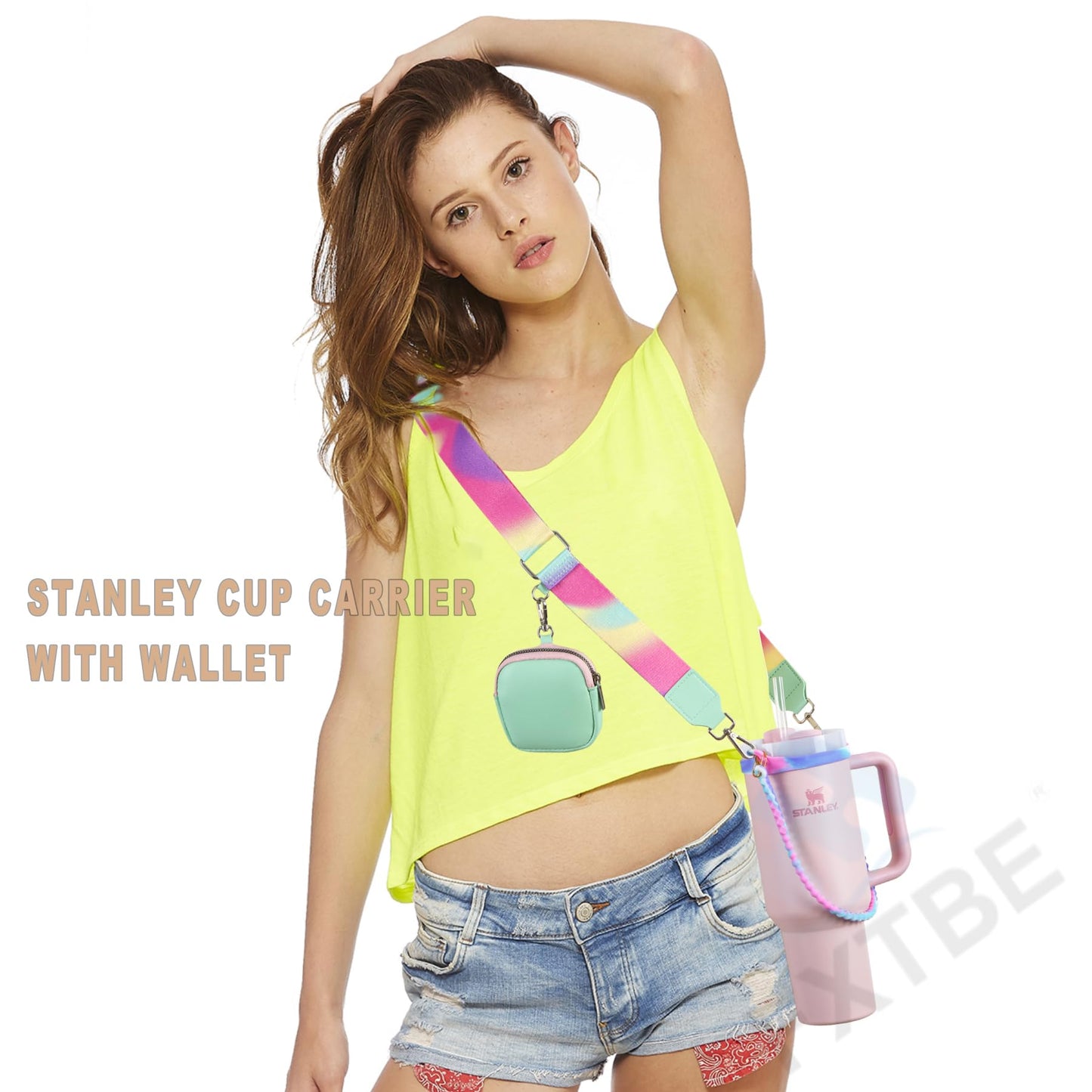 Water Bottle Handle for Stanley Cup Accessories 40 oz, Carrier with Shoulder Strap for Owala/Hydroflask/Simple Modern/Yeti Tumbler, Holder with Wallet for Stanley Cup 30 oz 20 oz