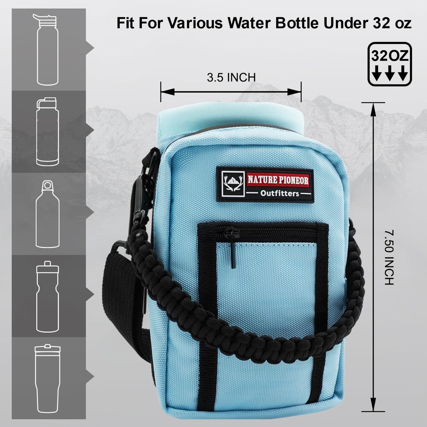 NATURE PIONEOR Insulated Water Bottle Holder with Shoulder Strap for 25 32 40 64 OZ Sports Water Jugs Bottles, Carrier/Pouch Sleeve for Outdoor Camping, Hiking,Gym