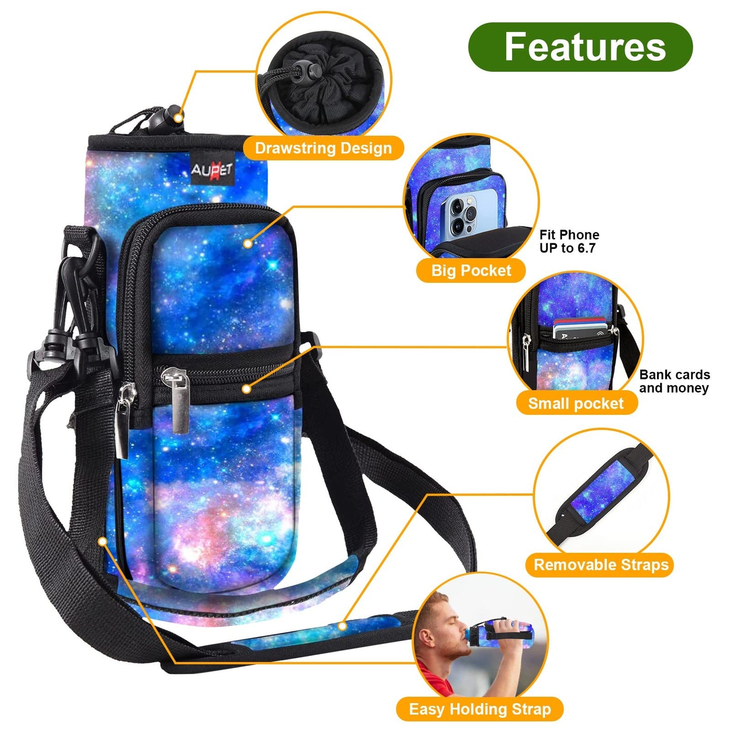 AUPET Water Bottle Sling Bag Sleeve Holder Carrier 25/32/40/64 oz,Insulated Crossbody Water Bottle Case Cover with Strap and Pockets for Men/Women Walking Hiking Camping (25oz, blue starry sky)