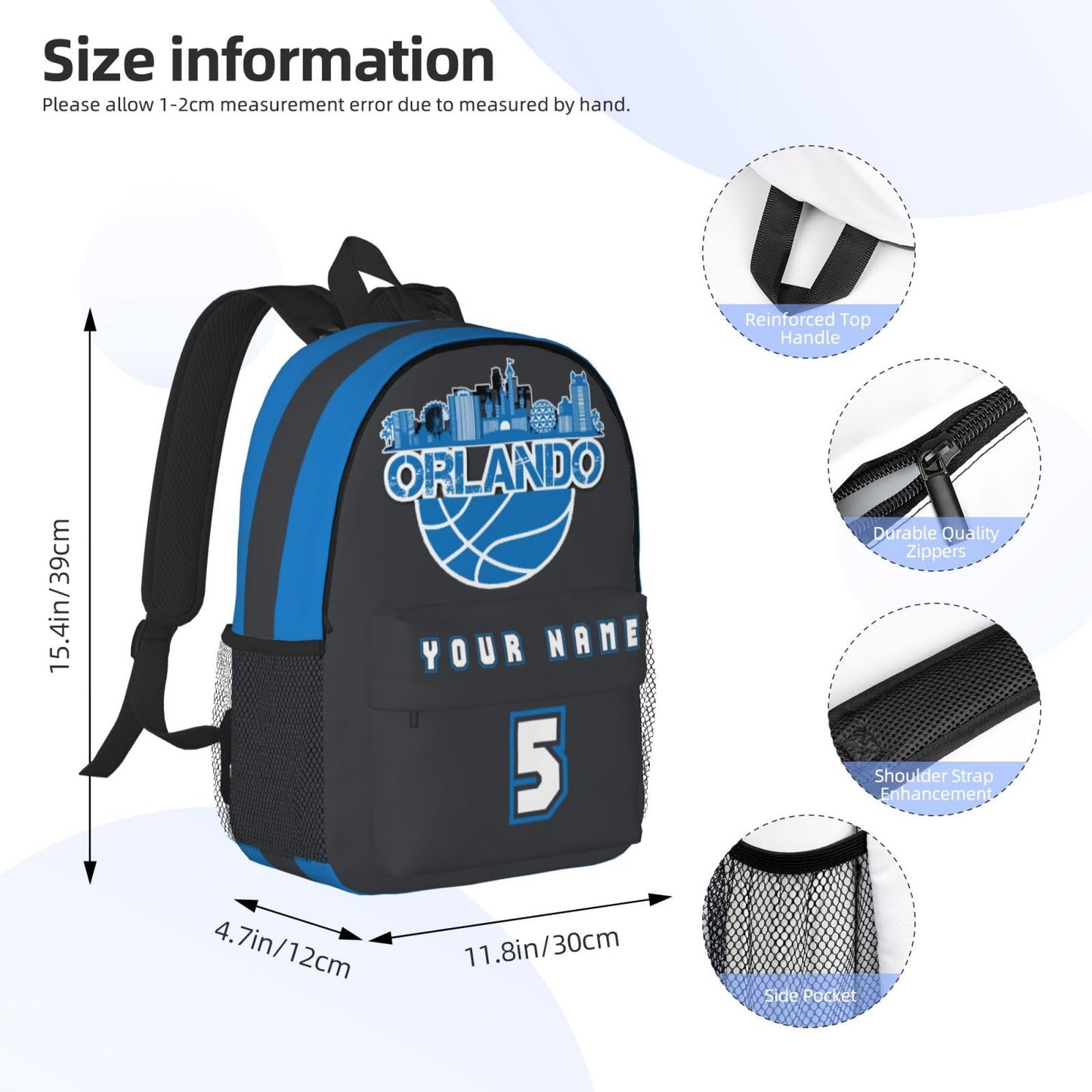 Jvpprds Orlando Custom Backpack for Boys Personalized Schoolbag Customized Bag with Name Numbers Fans Gifts