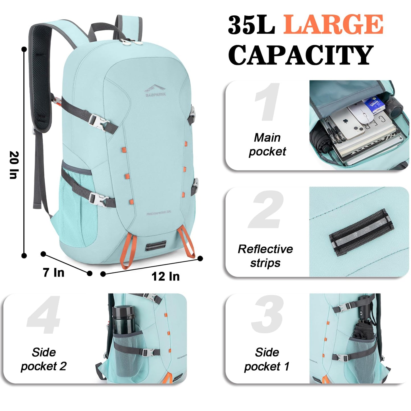 BAGPARKK Hiking Backpack,Large 35L Travel Backpacks for Men Women,Water Resistant Ultra Lightweight Foldable Packable Camping Daypack for Outdoor Sports