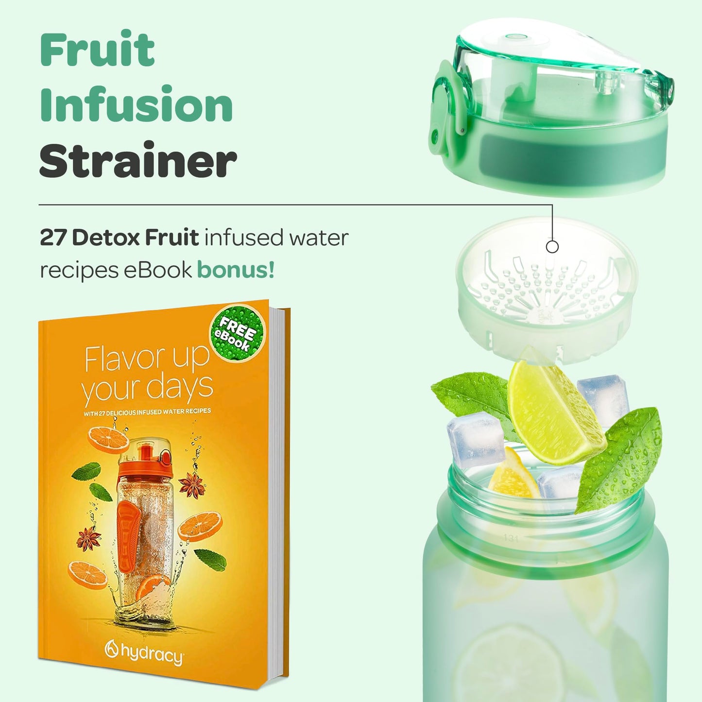 Hydracy Water Bottle with Time Marker - 500 ml 17 Oz BPA Free Water Bottle - Leak Proof & No Sweat Gym Bottle with Fruit Infuser Strainer - Ideal Gift for Fitness or Sports & Outdoors - Aqua Green