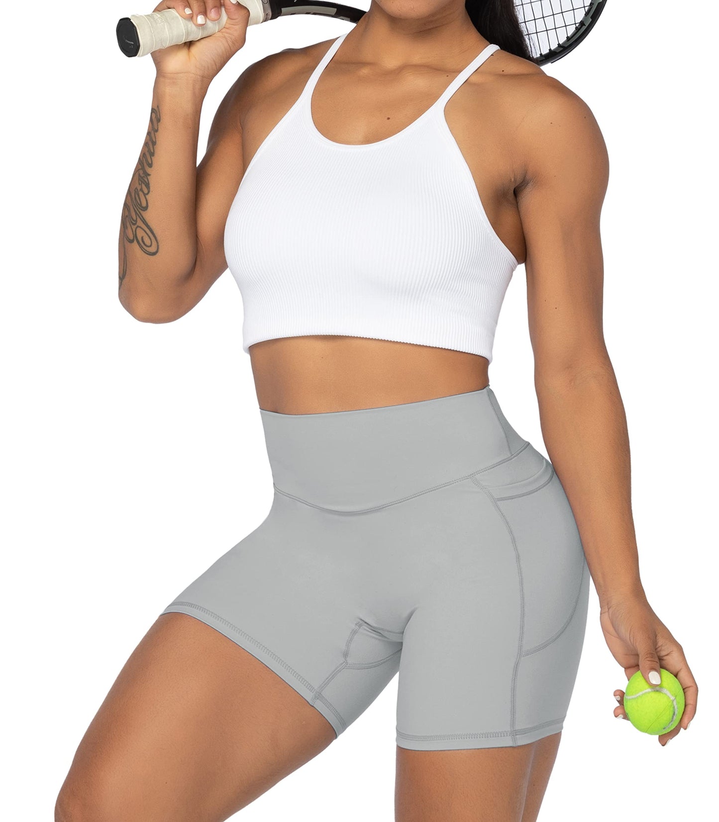 Sunzel No Front Seam Biker Shorts for Women with Pockets, Yoga Workout Gym Bike Shorts with Tummy Control 5" Grey X-Small
