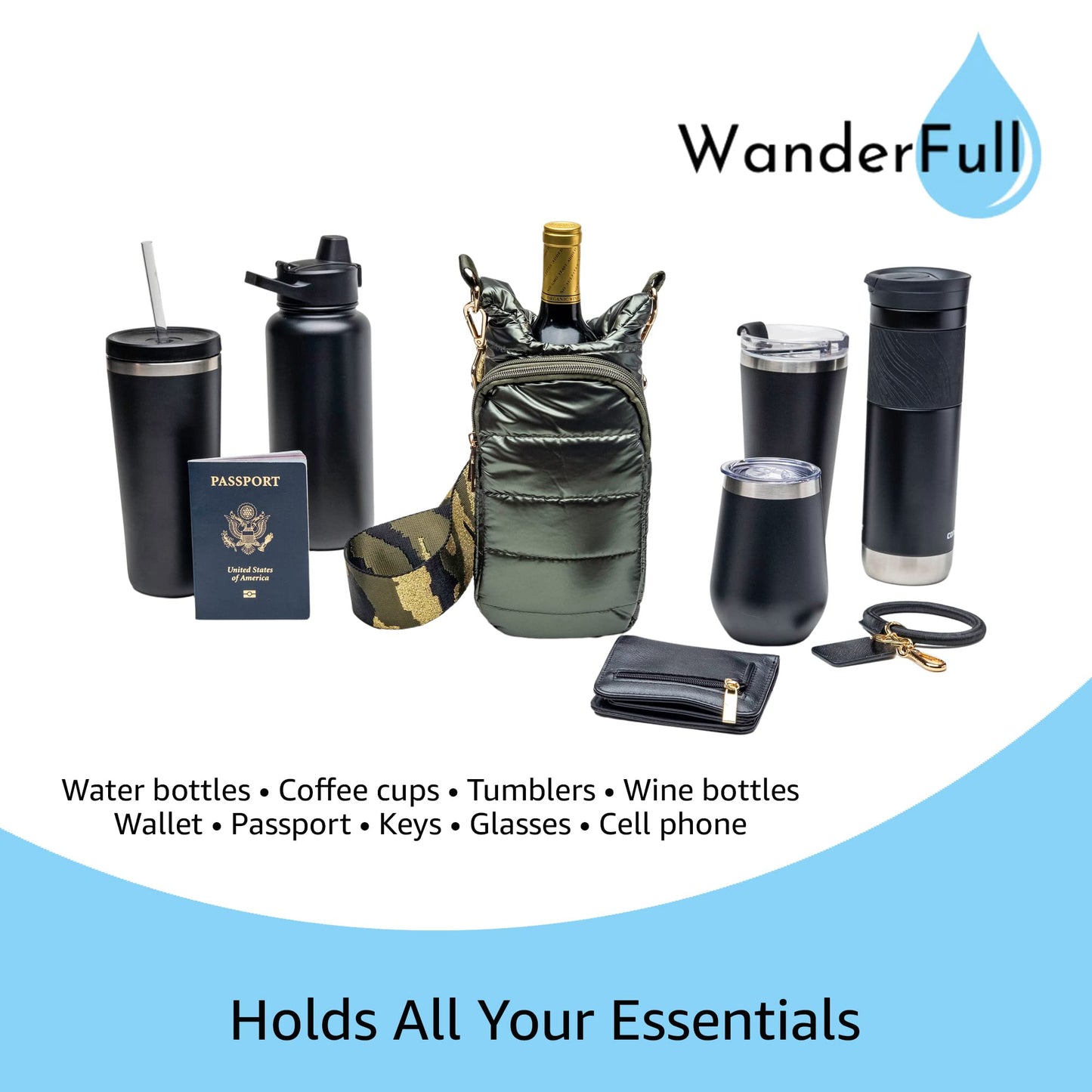 WanderFull Original Crossbody HydroBag | Quilted Water Bottle Carrier | Puffer Tote Tumbler Holder with Pockets for Phone & Accessories | Carry Travel Essentials (Army Green&Gold/Camouflage Strap)