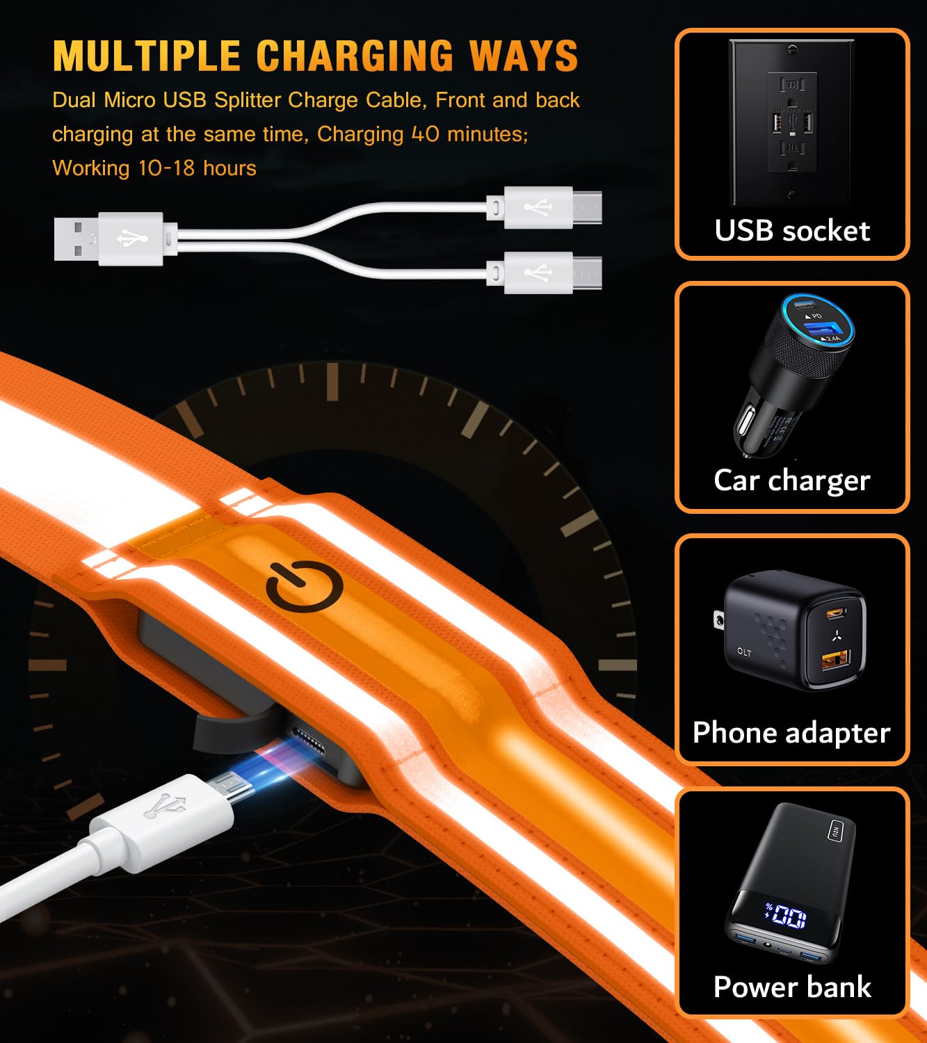 LED Reflective Running Gear High Visibility Reflective Belt Sash with Armband for Walking at Night,Adjustable Running Safety Gear Light Up Running Belt for Runners Walkers Men Women (Orange)