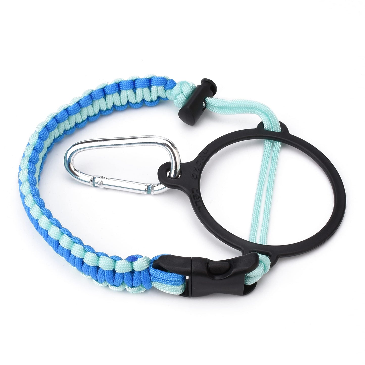 HYDRO CELL Paracord Handle for Wide Mouth Water Bottles - Carrier Strap w/Attachment Ring and Carabiner Accessory. Compatible w/ 64oz, 40oz 32oz, 24oz, 18oz, 14oz Insulated Bottles (Blue/Teal)