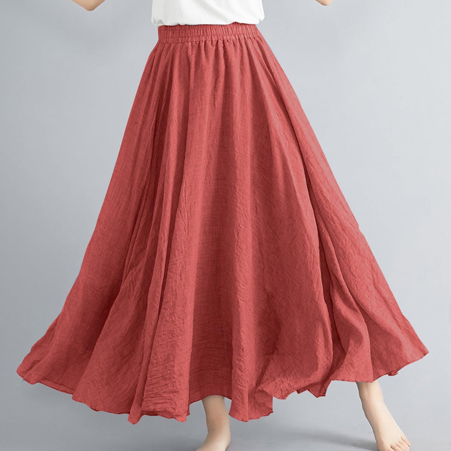 Womens Linen Maxi Skirts Summer Boho Solid Beach Elastic High Waist Pleated A-Line Flowy Swing Long Maxi Skirts