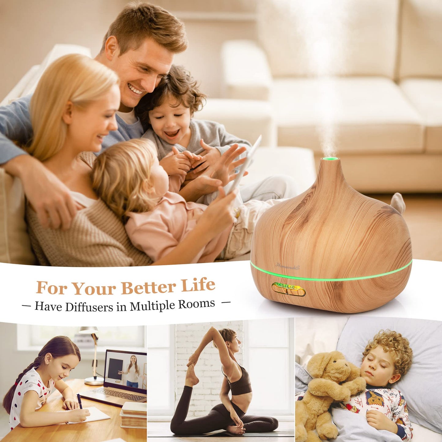 Essential Oil Diffuser Aromatherapy Diffusers: 550ml Ultrasonic Cool Mist Large Aroma Scent Essential Oils Diffuser Waterless Shut Off for Bedroom Home Office Living Room Wood Grain